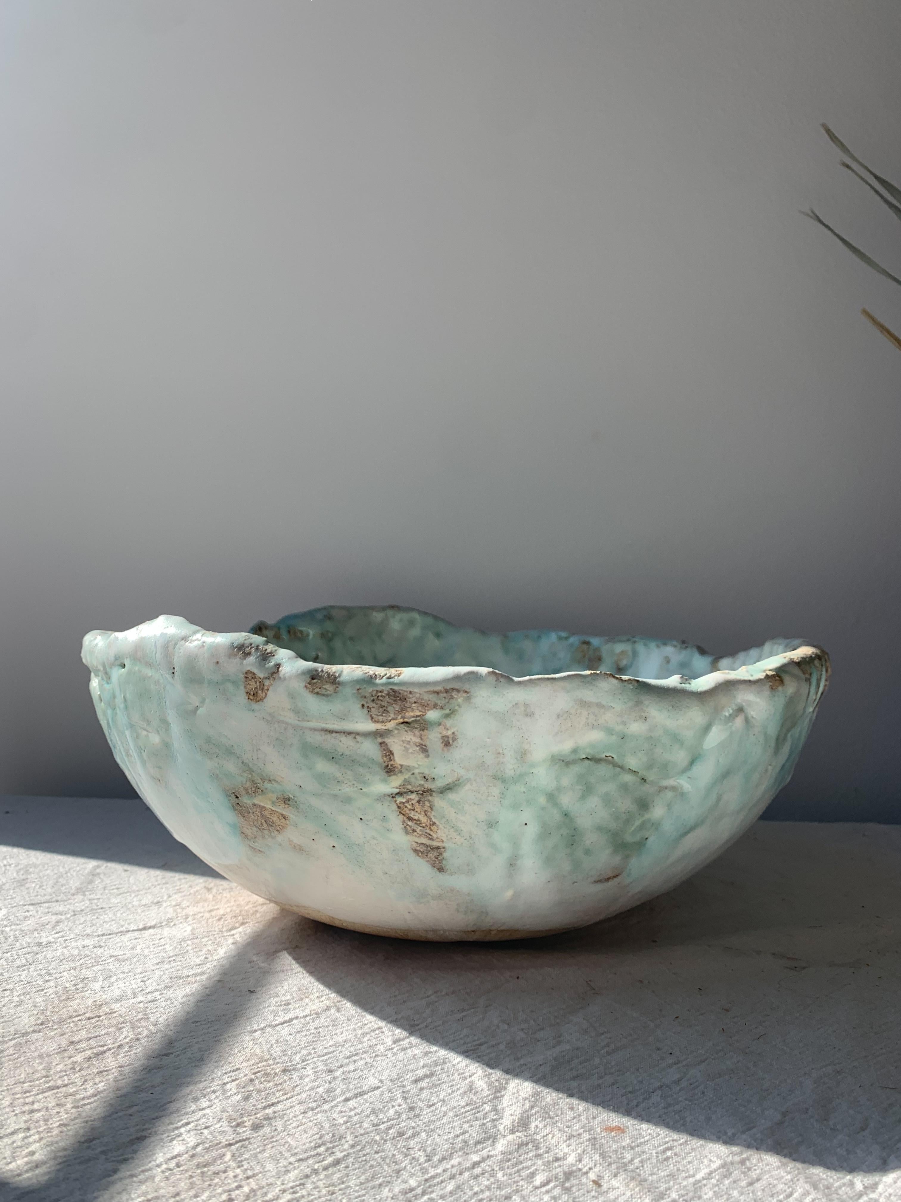 Beautiful wabi-sabi coil-built extra-large decorative ceramic bowl, for serving or display. The heavily textured surface is formed and glazed by hand in our Brooklyn studio, no two pieces will ever be exactly alike. Each piece is made to order, and