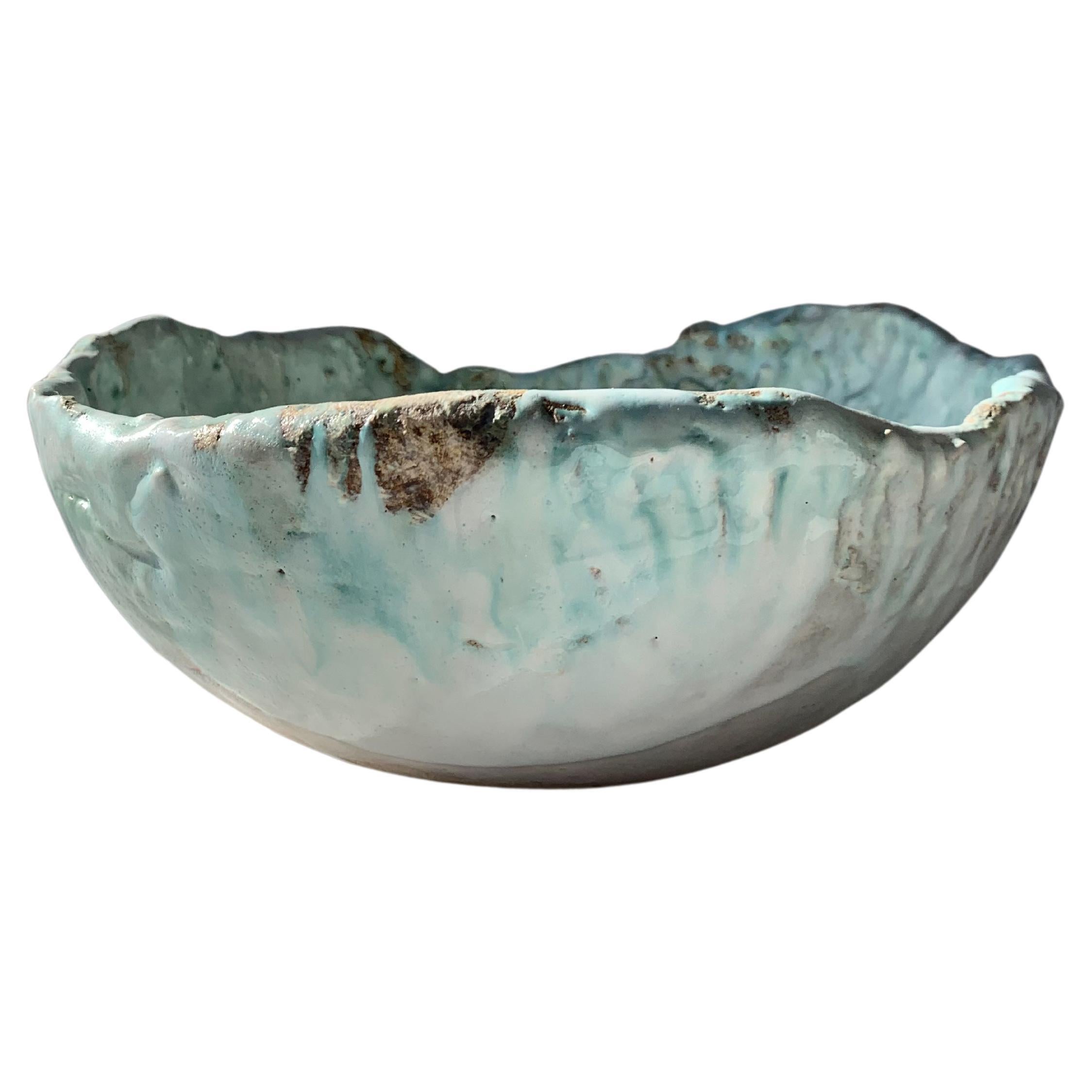 Large Decorative Coil-Built Ceramic Bowl, White with Copper Oxide Wash