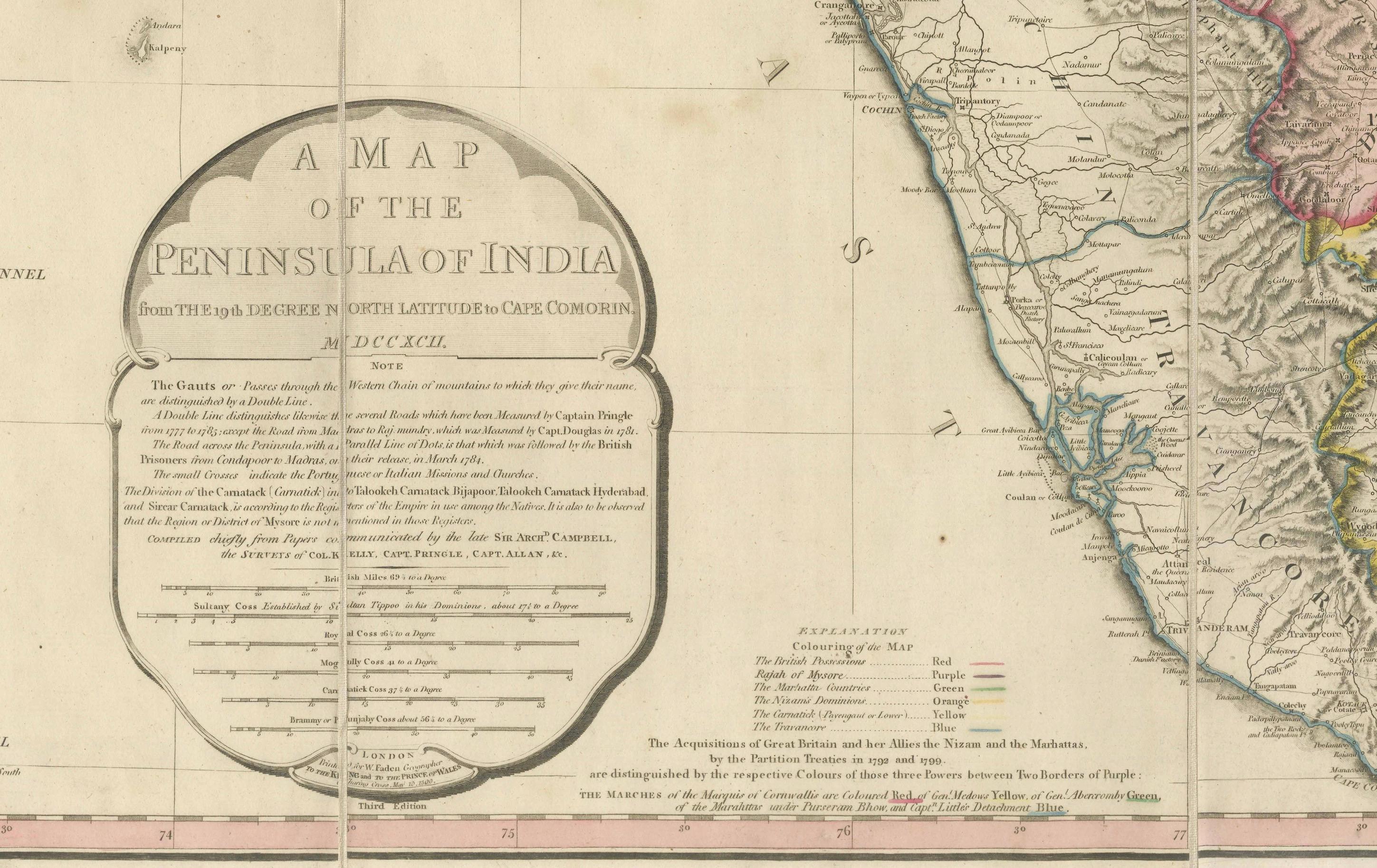 Grande carte décorative de l'Inde du Sud à l'époque coloniale - Péninsule de l'Inde, 1800 en vente 5