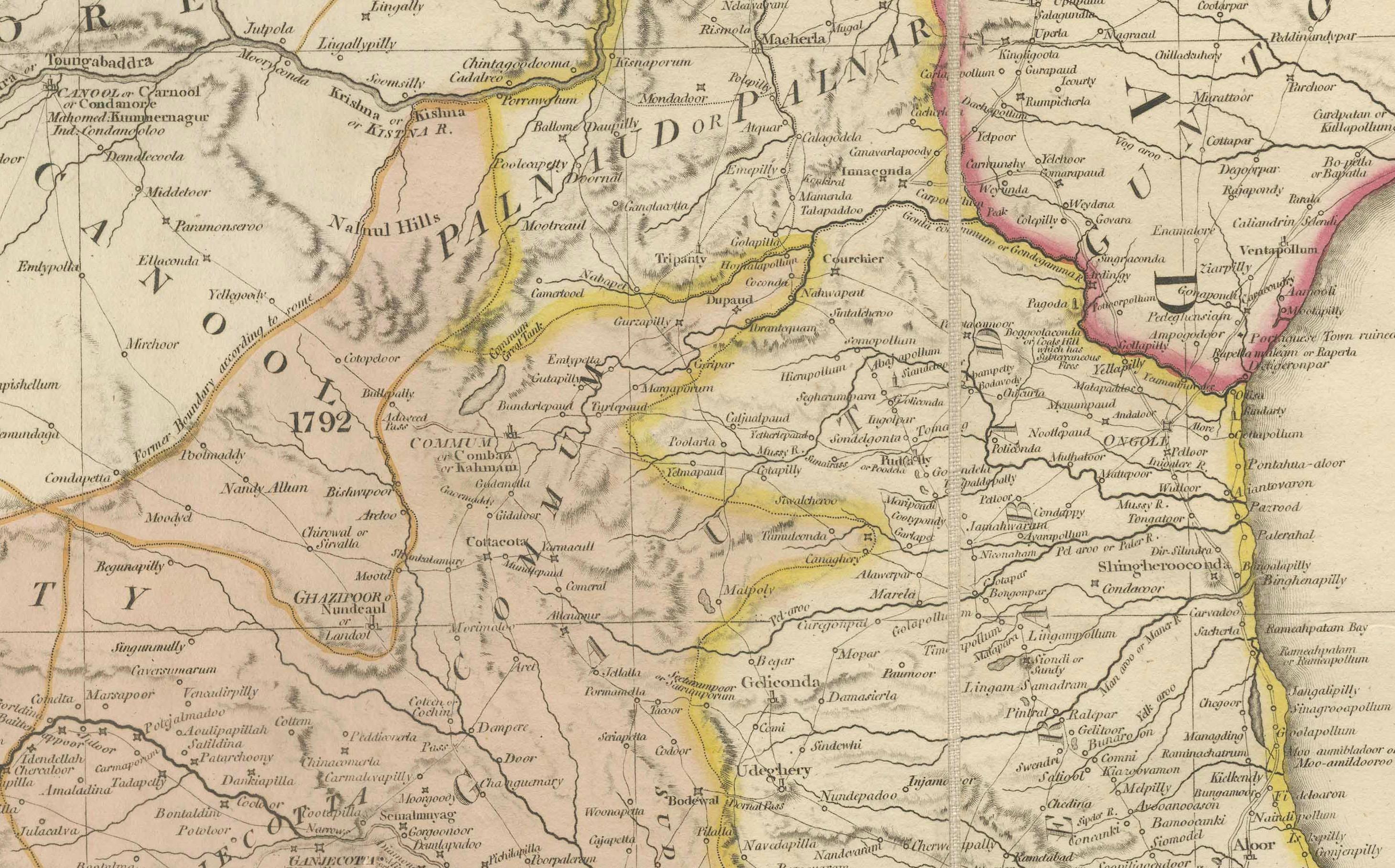 Anglais Grande carte décorative de l'Inde du Sud à l'époque coloniale - Péninsule de l'Inde, 1800 en vente