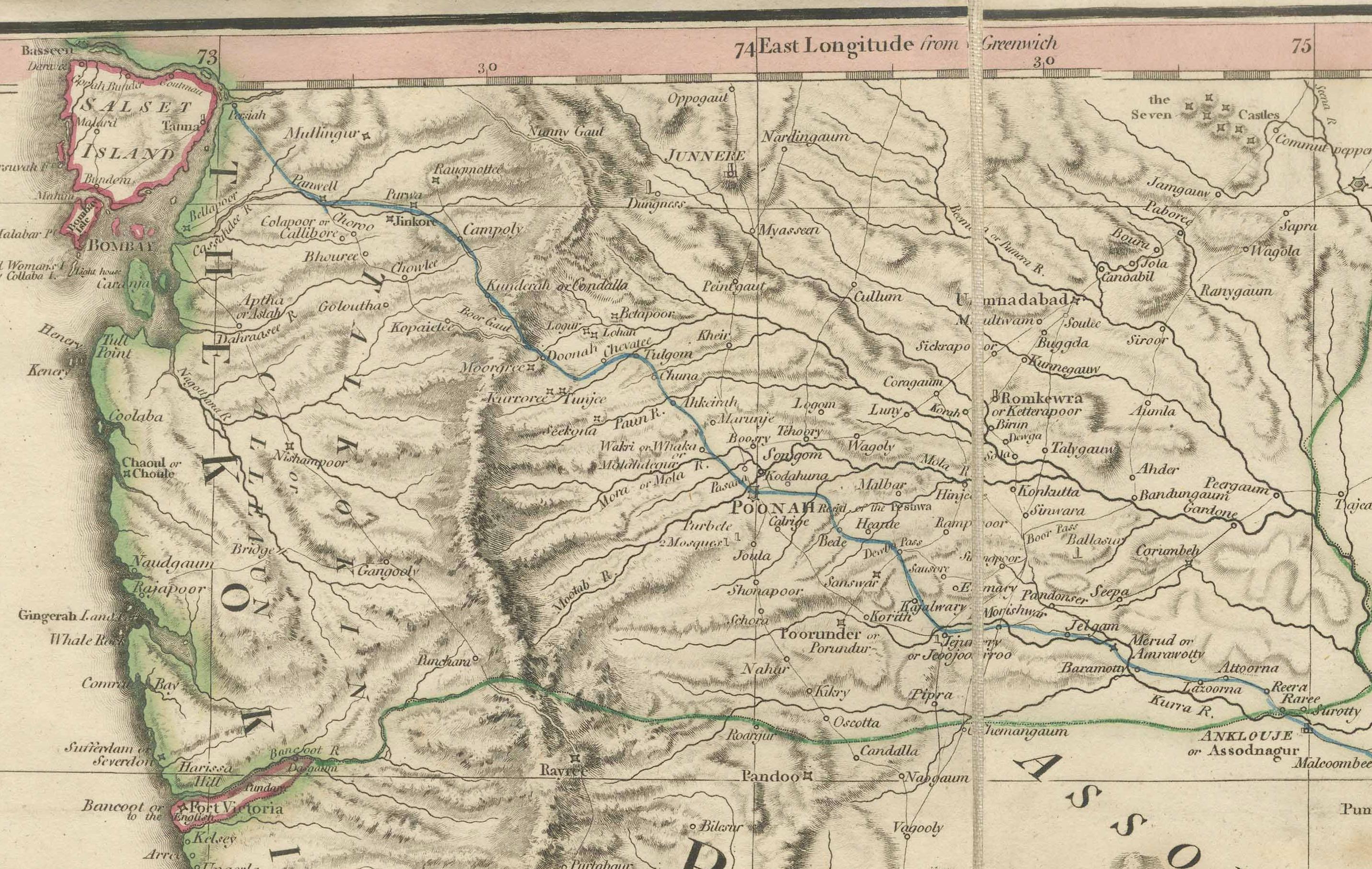 Grande carte décorative de l'Inde du Sud à l'époque coloniale - Péninsule de l'Inde, 1800 Bon état - En vente à Langweer, NL