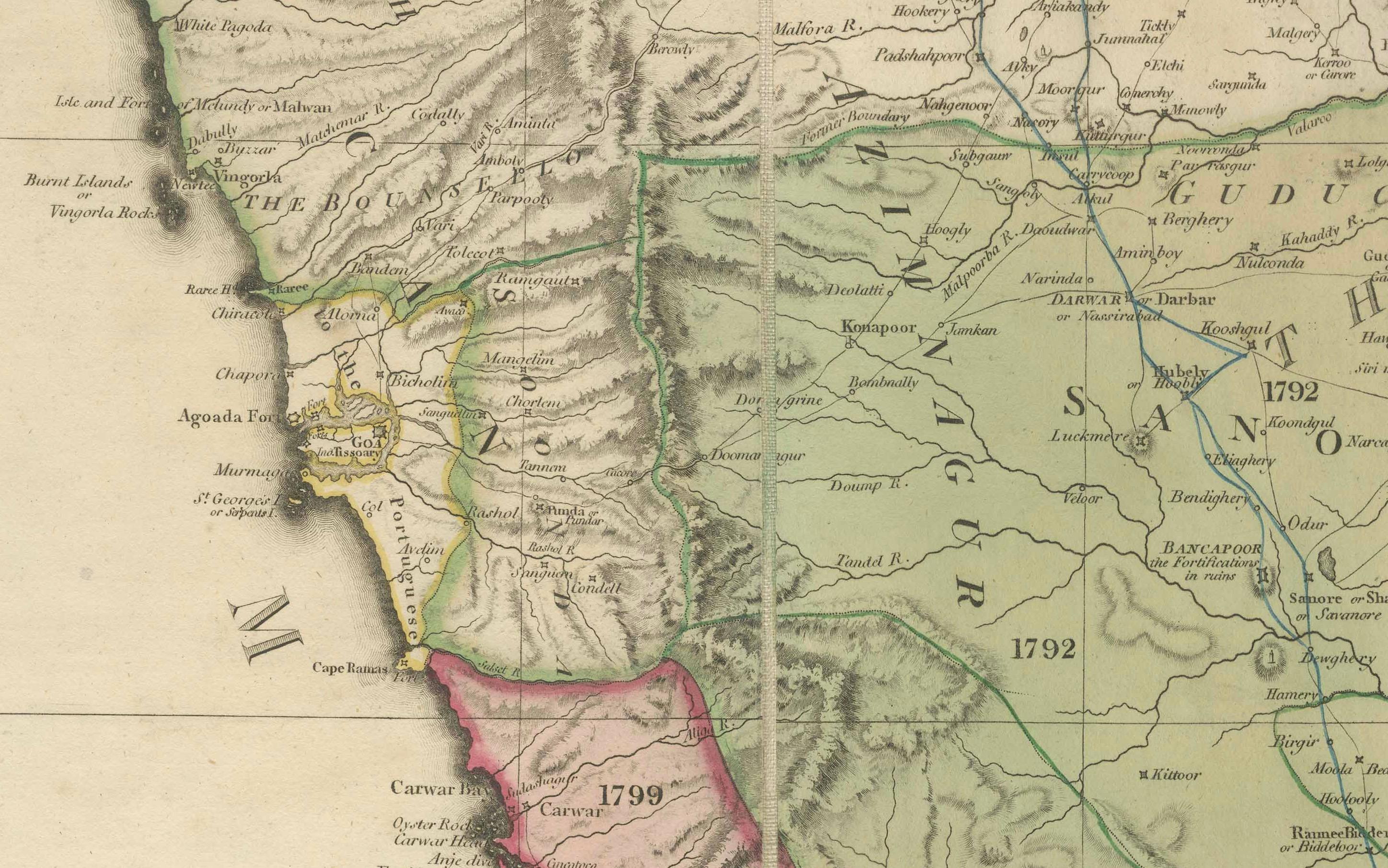 XIXe siècle Grande carte décorative de l'Inde du Sud à l'époque coloniale - Péninsule de l'Inde, 1800 en vente