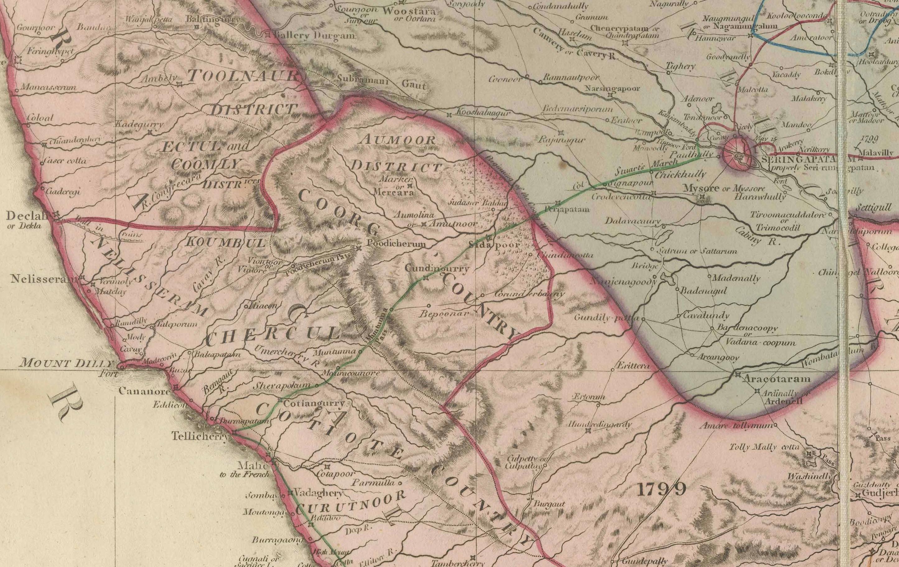 Lin Grande carte décorative de l'Inde du Sud à l'époque coloniale - Péninsule de l'Inde, 1800 en vente