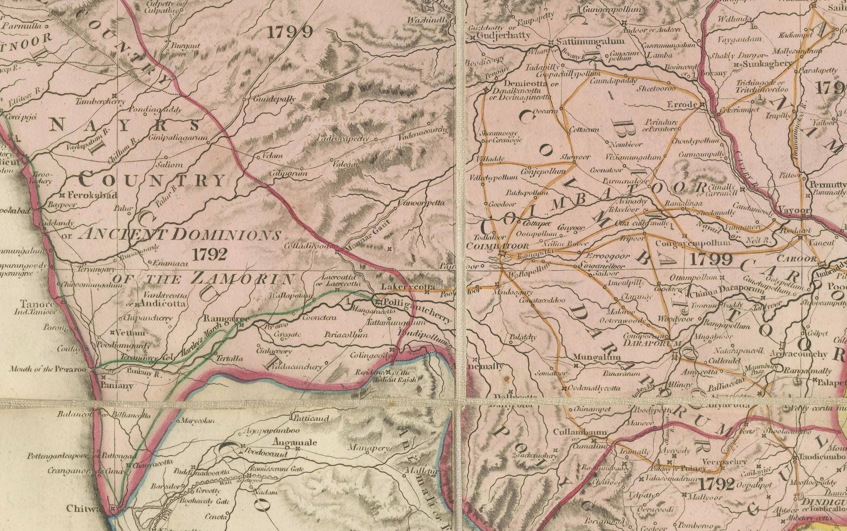 Grande carte décorative de l'Inde du Sud à l'époque coloniale - Péninsule de l'Inde, 1800 en vente 1