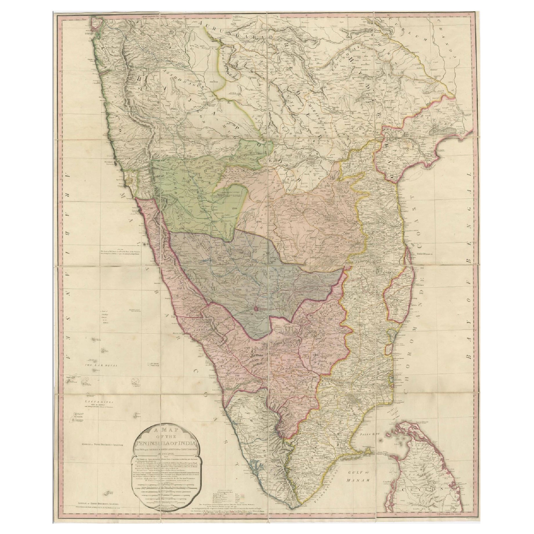 Grande carte décorative de l'Inde du Sud à l'époque coloniale - Péninsule de l'Inde, 1800 en vente
