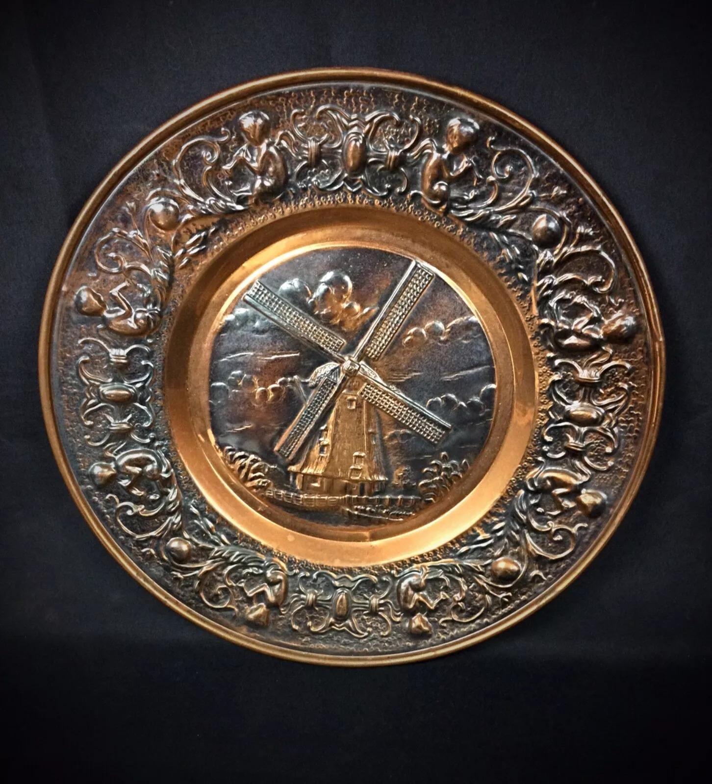Unknown Large Decorative Copper Plate with Windmill Design – Wall Hanging - 2Y266 For Sale