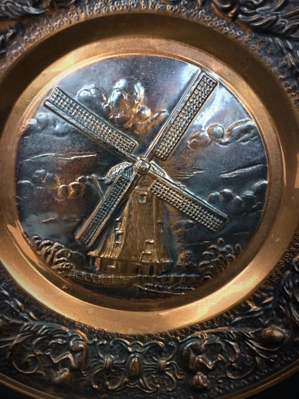 20th Century Large Decorative Copper Plate with Windmill Design – Wall Hanging - 2Y266 For Sale