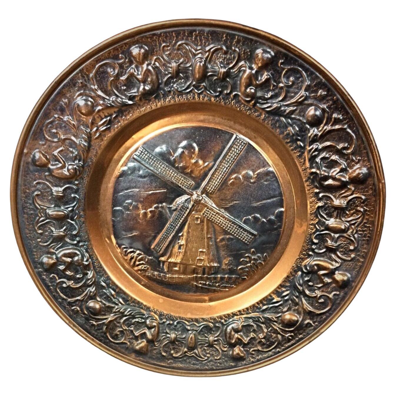 Large Decorative Copper Plate with Windmill Design – Wall Hanging - 2Y266 For Sale