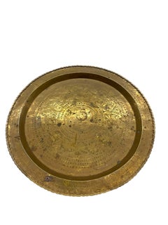 Large Decorative Engraved Brass-Toned Tray with Scalloped Edge and Figural Motif