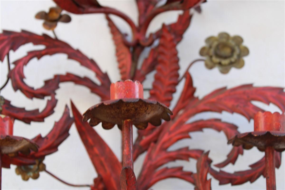 Large Decorative Floral Wall Sconce 1930 Italian in Red Lacquer with Flowers For Sale 9