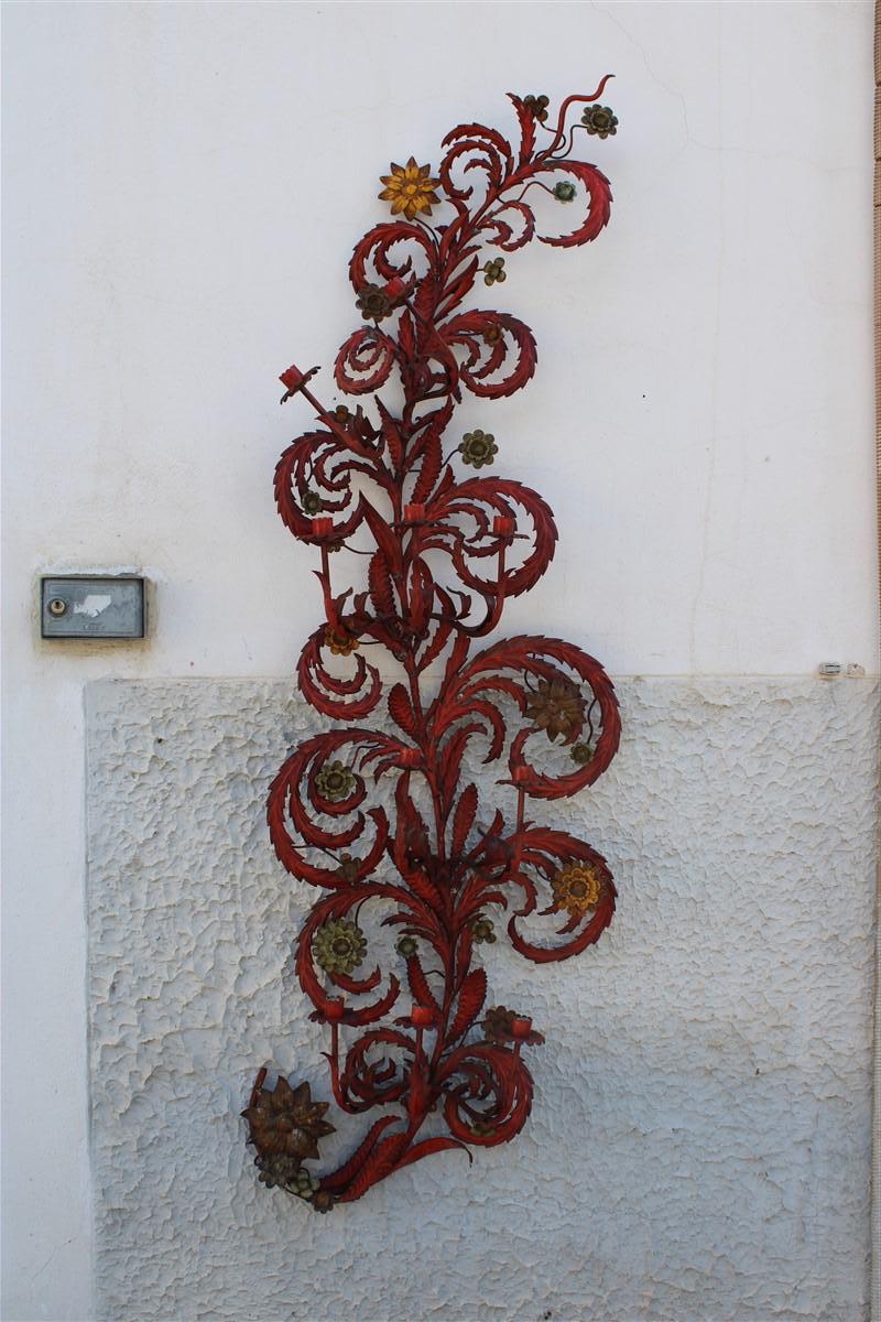 Large decorative floral Applique of 1930 Italian in red lacquer with flowers and leaves.