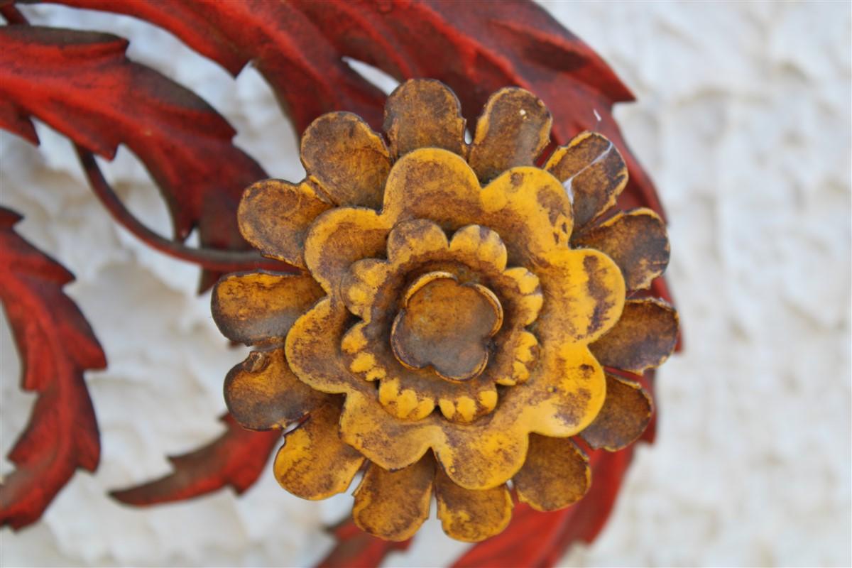 Large Decorative Floral Wall Sconce 1930 Italian in Red Lacquer with Flowers For Sale 14