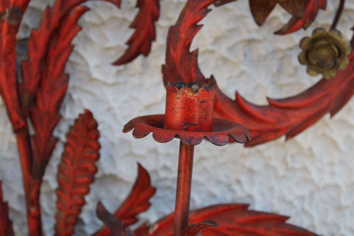 Large Decorative Floral Wall Sconce 1930 Italian in Red Lacquer with Flowers For Sale 3