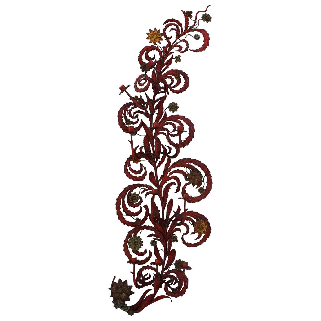 Large Decorative Floral Wall Sconce 1930 Italian in Red Lacquer with Flowers