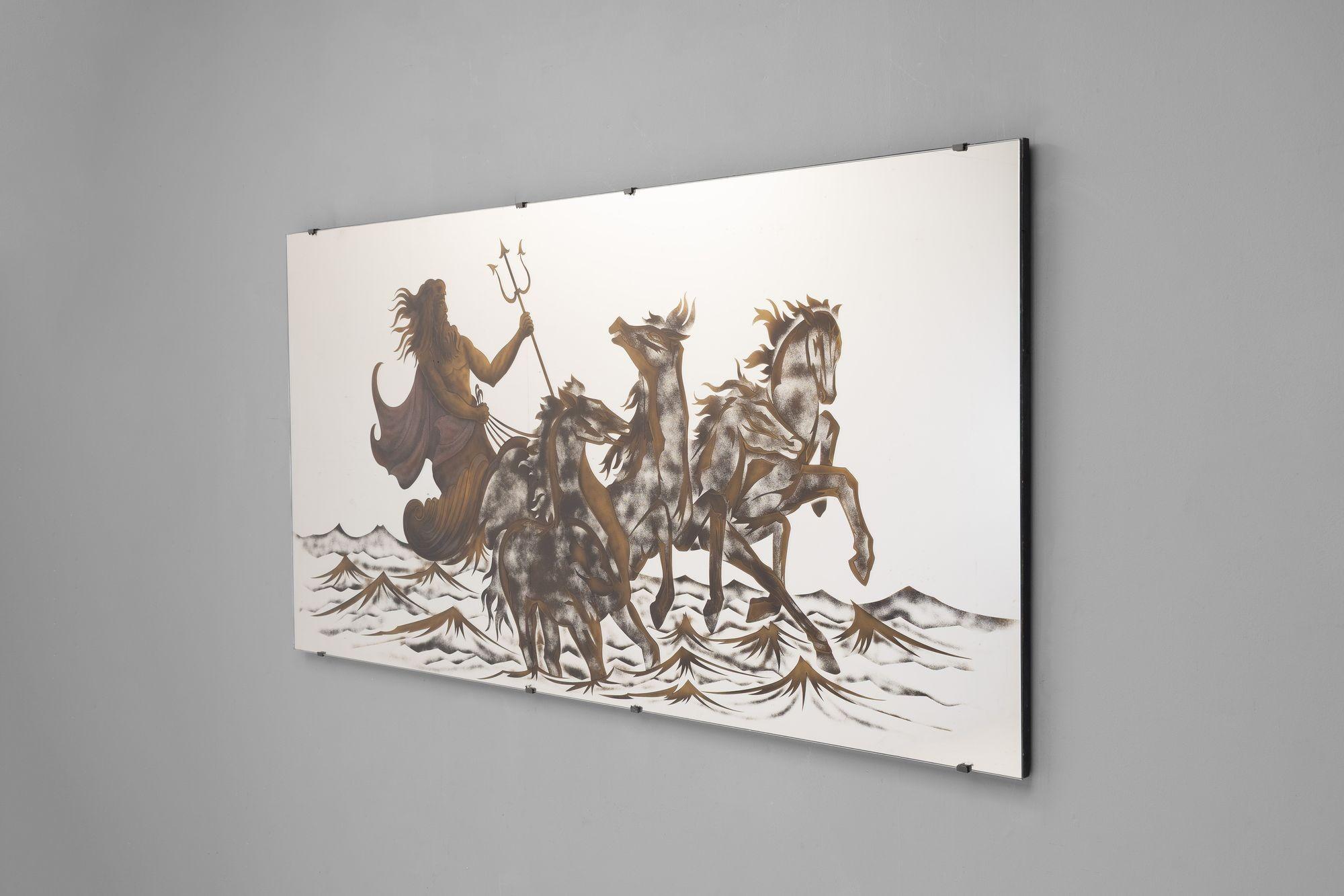 Large decorated mirror of Zeus and chariot. France circa 1960.