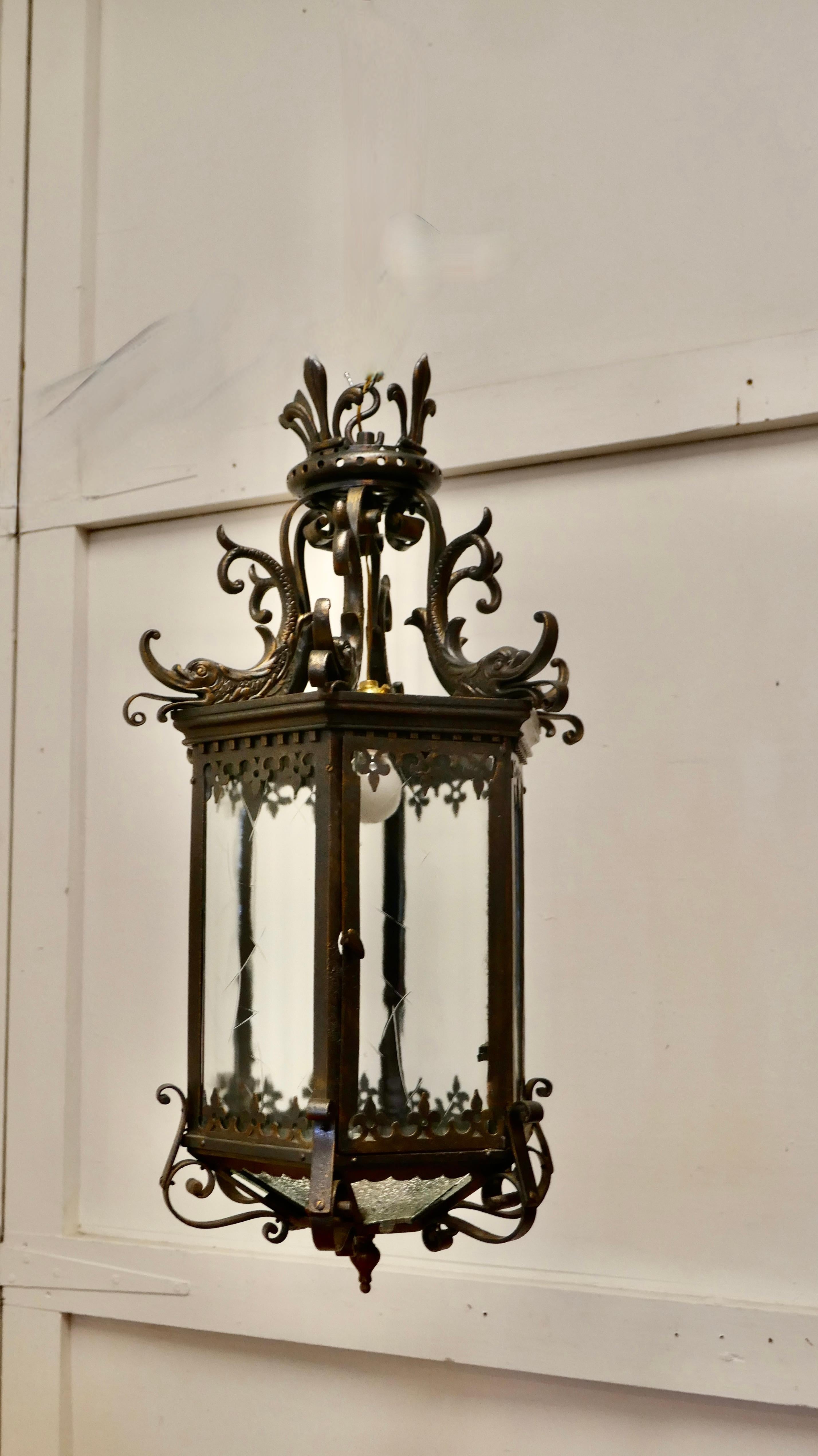Glass Large Decorative French Hall Lantern For Sale
