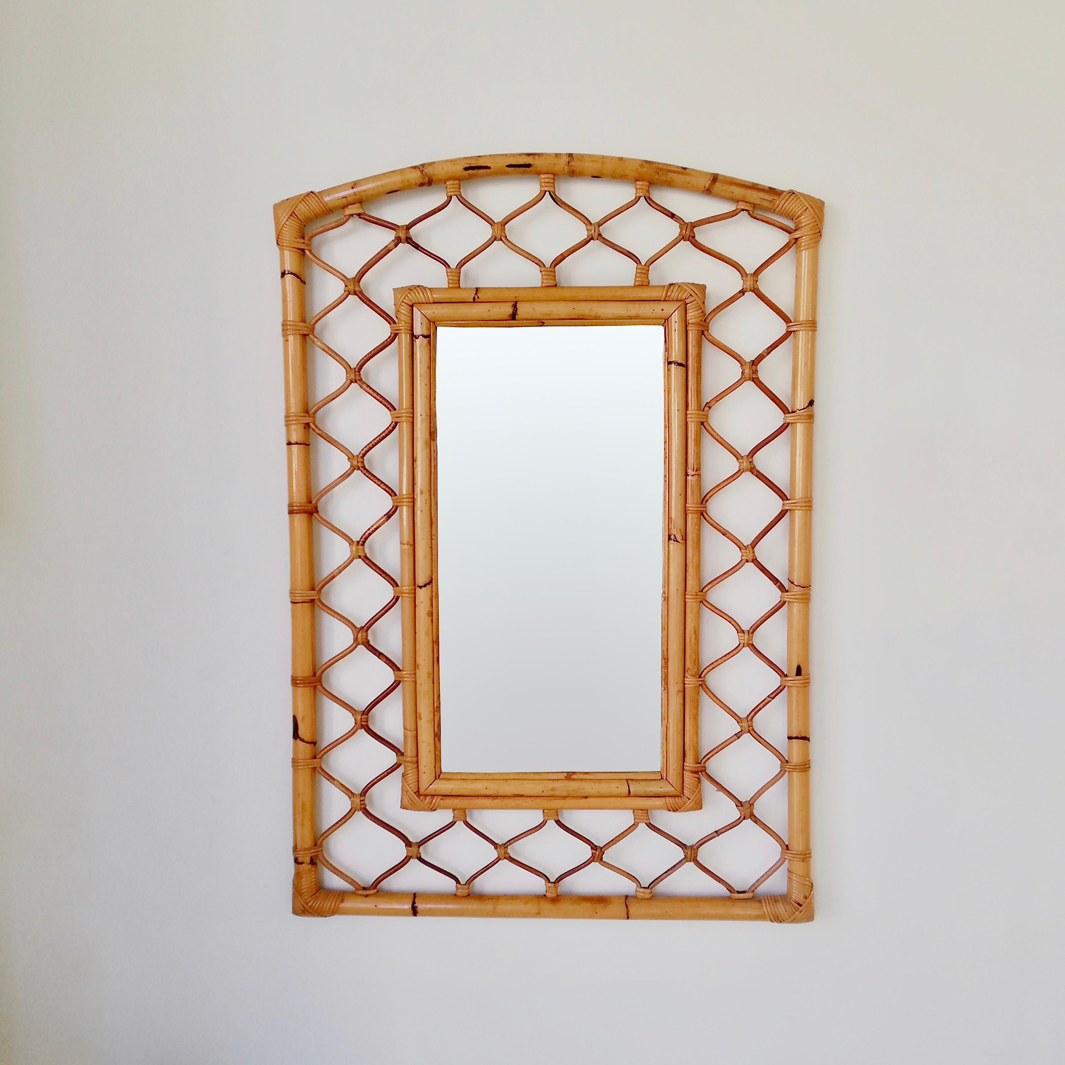 Nice large decorative mirror, circa 1970, France.
French riviera style.
Bamboo, rattan.
Dimensions: 105 H, 75 cm W, 4 cm D.
All purchases are covered by our Buyer Protection Guarantee.
This item can be returned within 14 days of delivery.

  