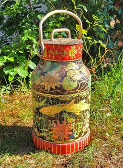 Large Decorative German Vintage Hand Painted Cast Iron Milk Can Barrel Vase 1950