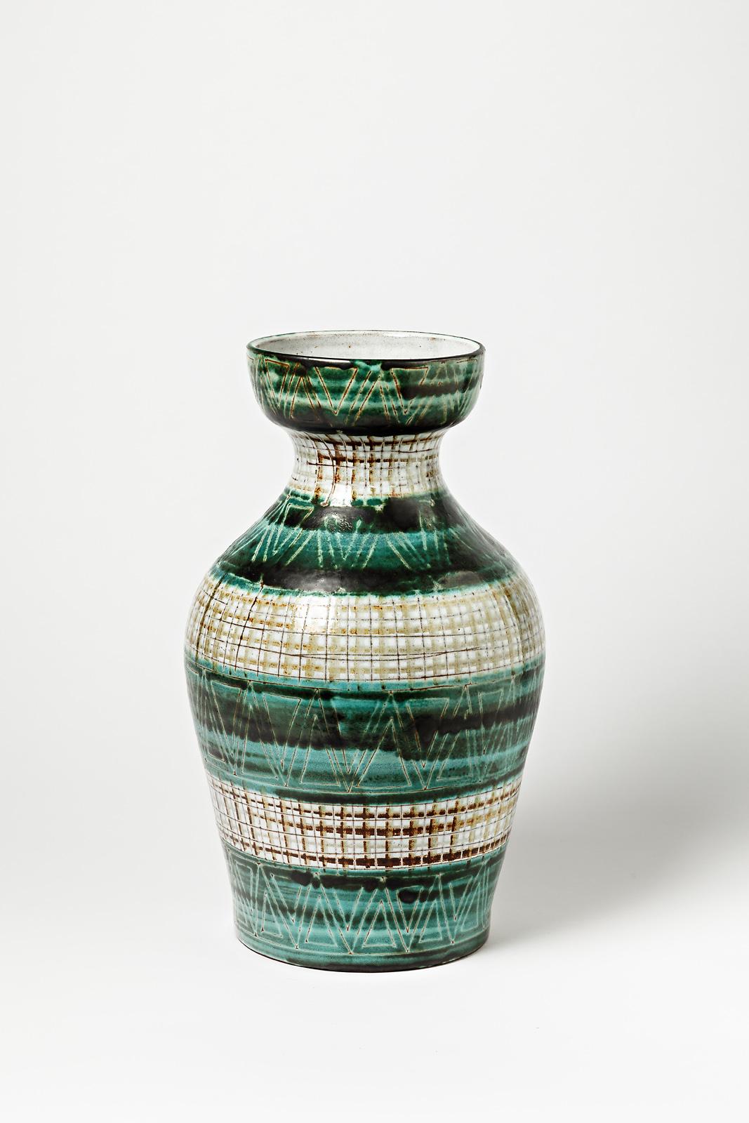 Mid-Century Modern Large Decorative Green and White Ceramic Vase by Picault Vallauris, 1950