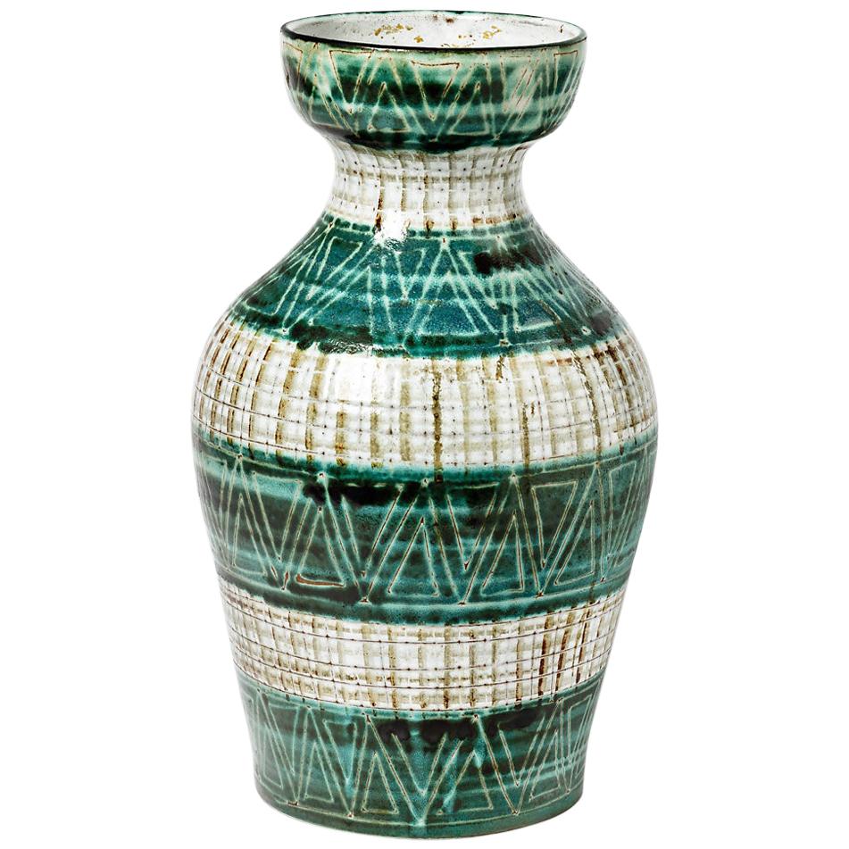 Large Decorative Green and White Ceramic Vase by Picault Vallauris, 1950