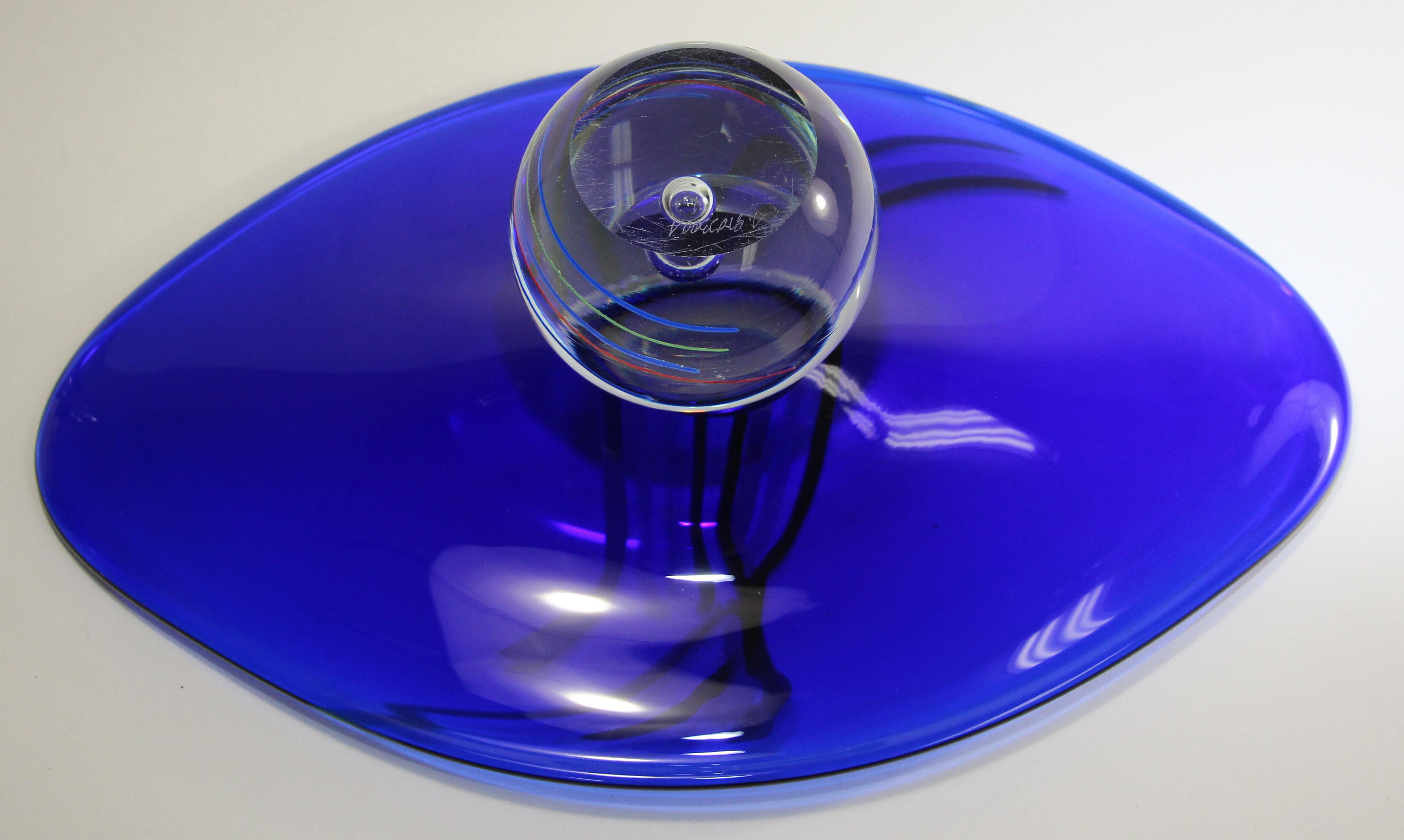 Large Decorative Hand Blown Art Blue Glass Bowl by Jaroslav Svoboda Signed 5