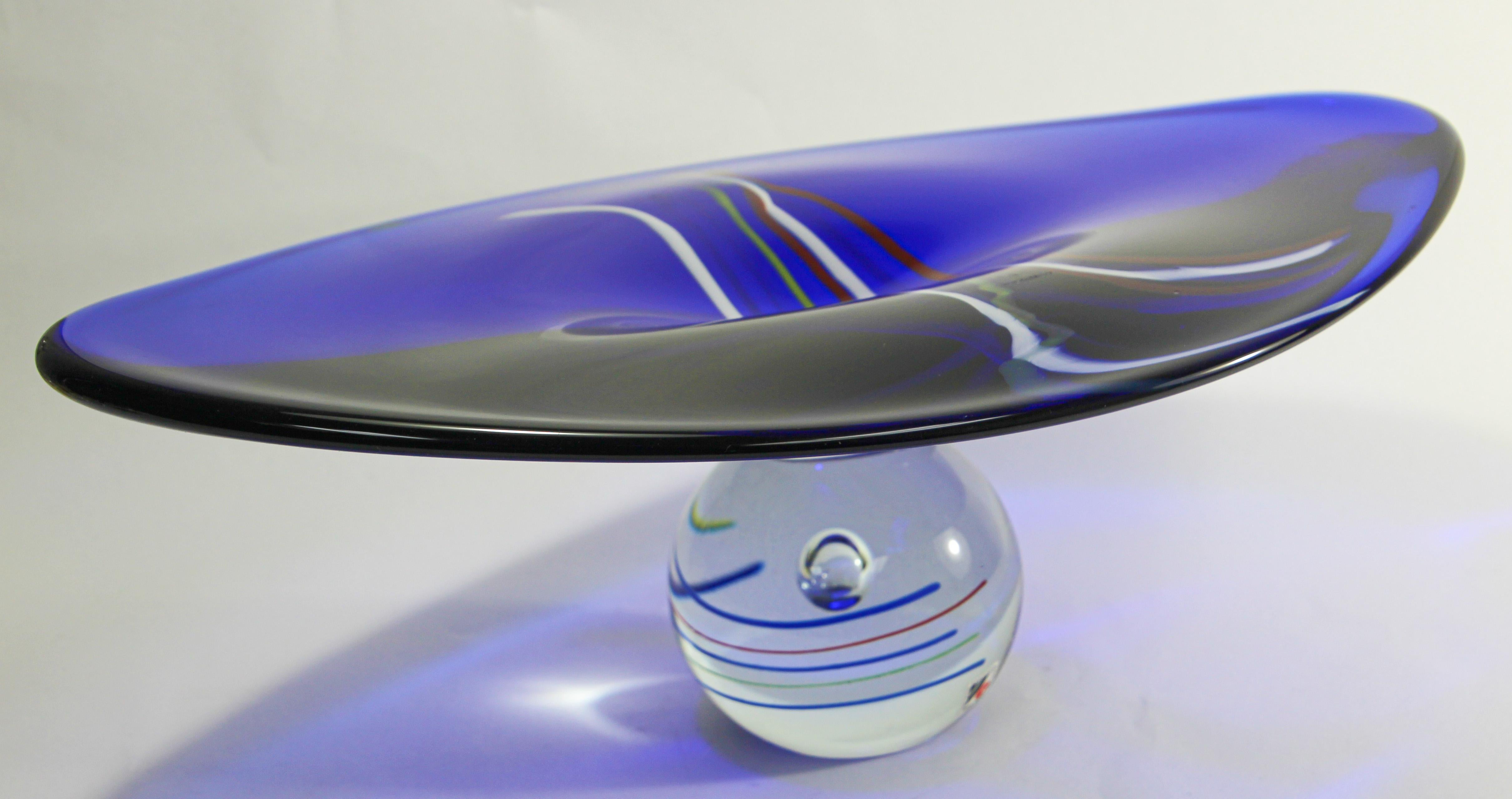 Large exquisite post modern decorative hand blown art glass bowl with a radiating stylized design in an amazing royal blue glass.
Art glass vase by Jaroslav Svoboda for Karlov, CzechRepublic, circa 1980, signed etched.
Made in the Czech Republic