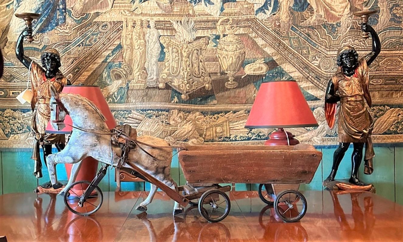 European Large Decorative Horse and Carved wood Toy Wagon Cart Antique Dealer Los Angeles