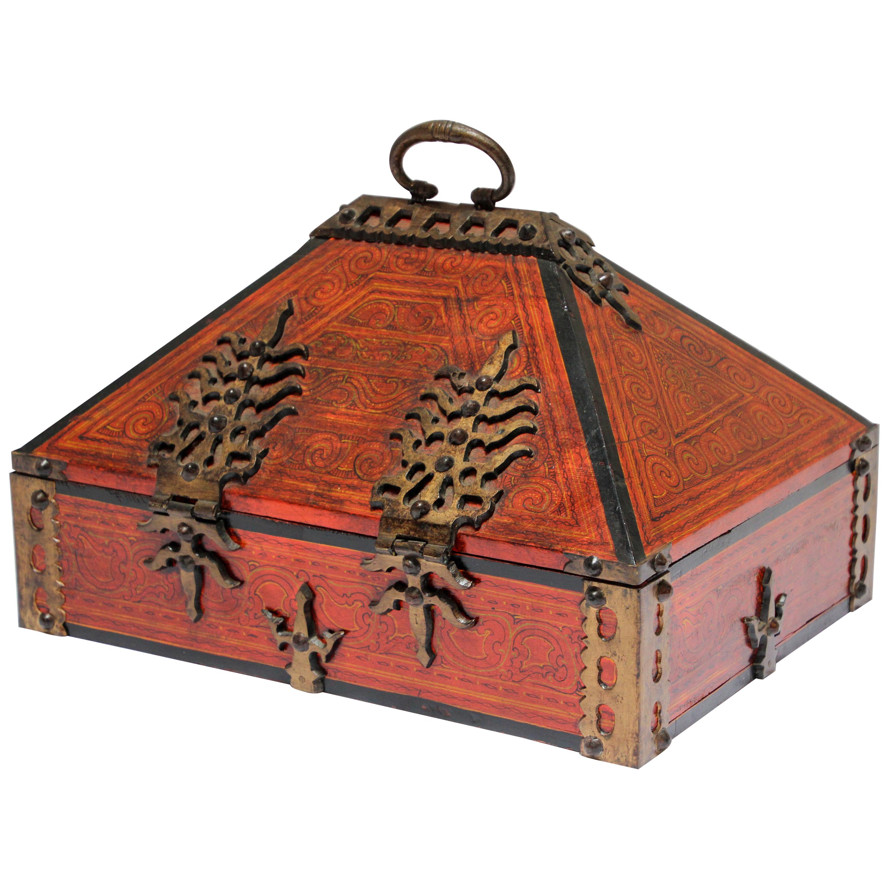 Large Jewelry Dowry Box Lacquered Teak and Brass India 1900