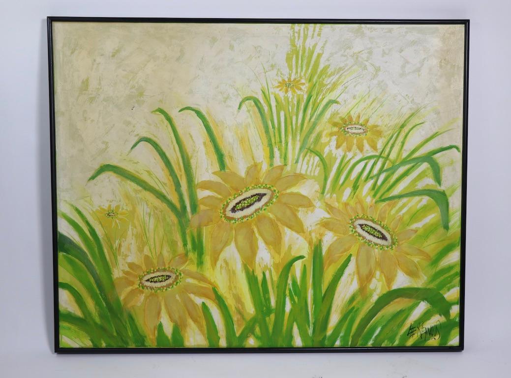 Large playful oil on canvass signed Lee Reynolds. This painting depicts stylized flowers, perhaps Black Eyed Susans or Daisies? Perfect to brighten up a large space with a touch of spring like color. The painting is in very good original condition,