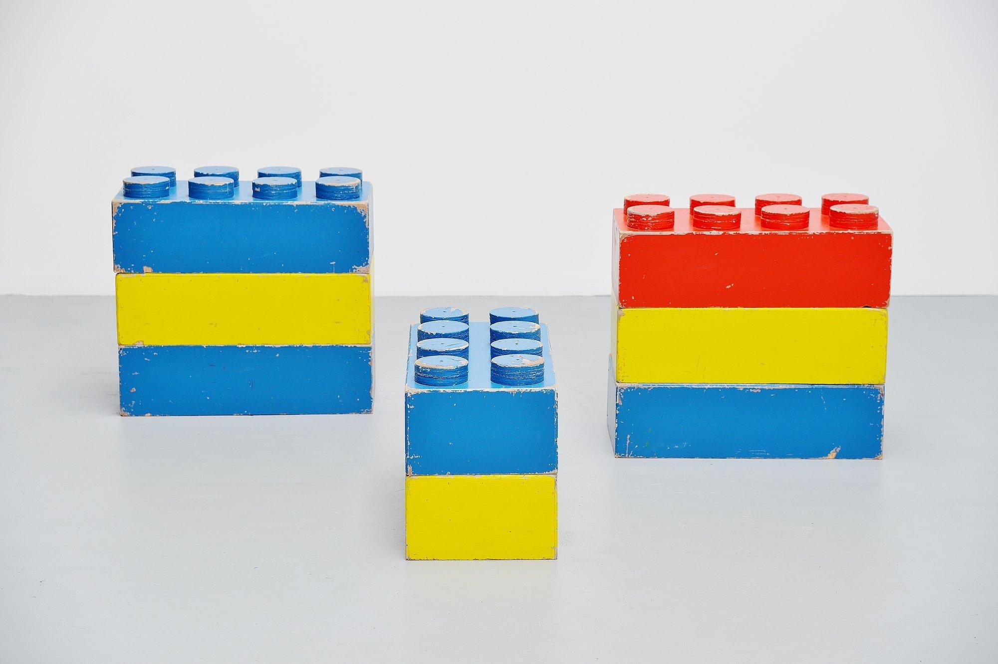 Very nice set of 8 decorative Lego cubes, Holland, 1960. These cubes were probably self-made but have very nice proportions. 8 Large cubes can be used for decoration or you can build a table or console of it. The cubes are painted in the original