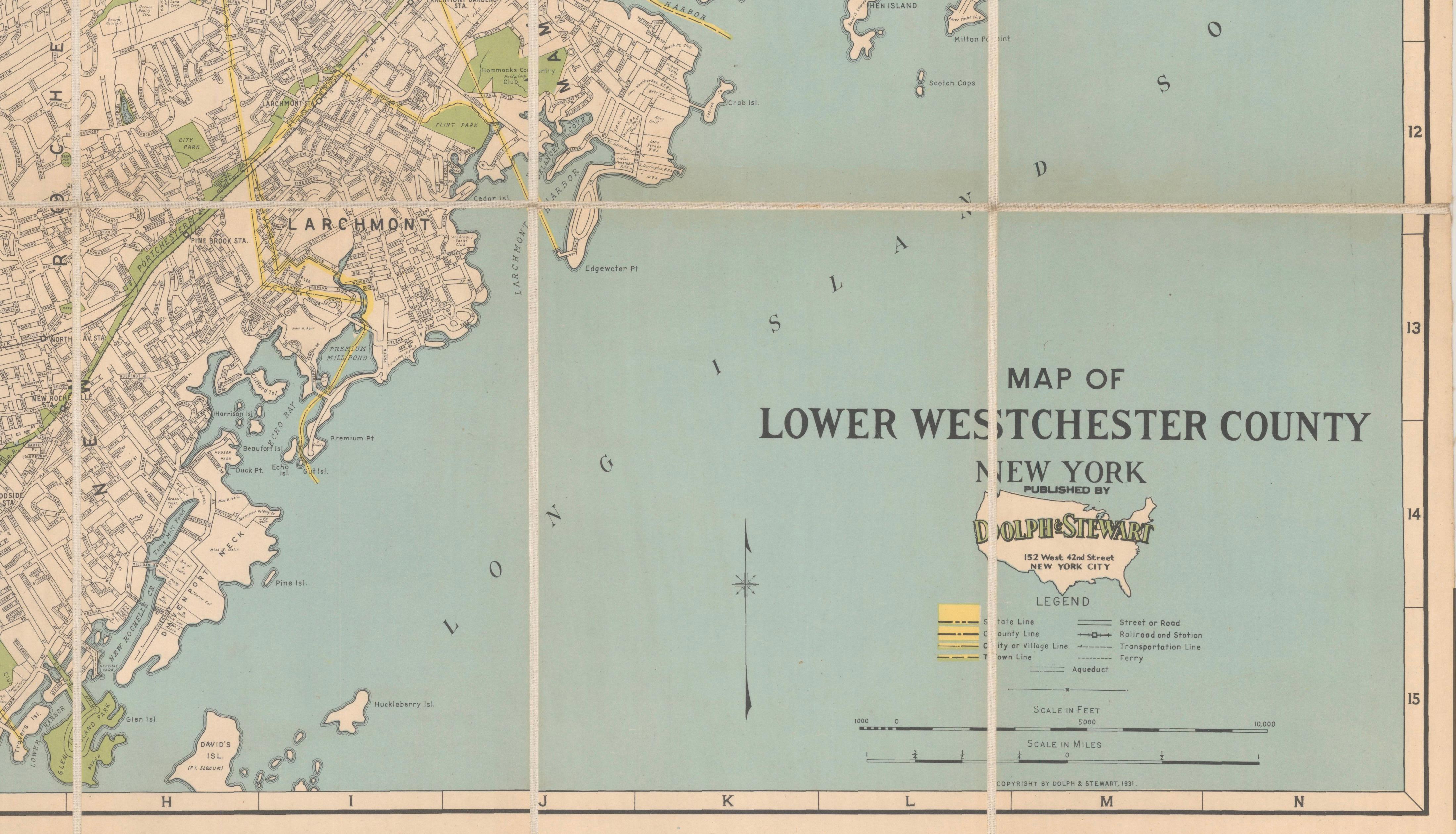 Large Decorative Map of Westchester County New York 1931 – Linen-Backed Wall Map