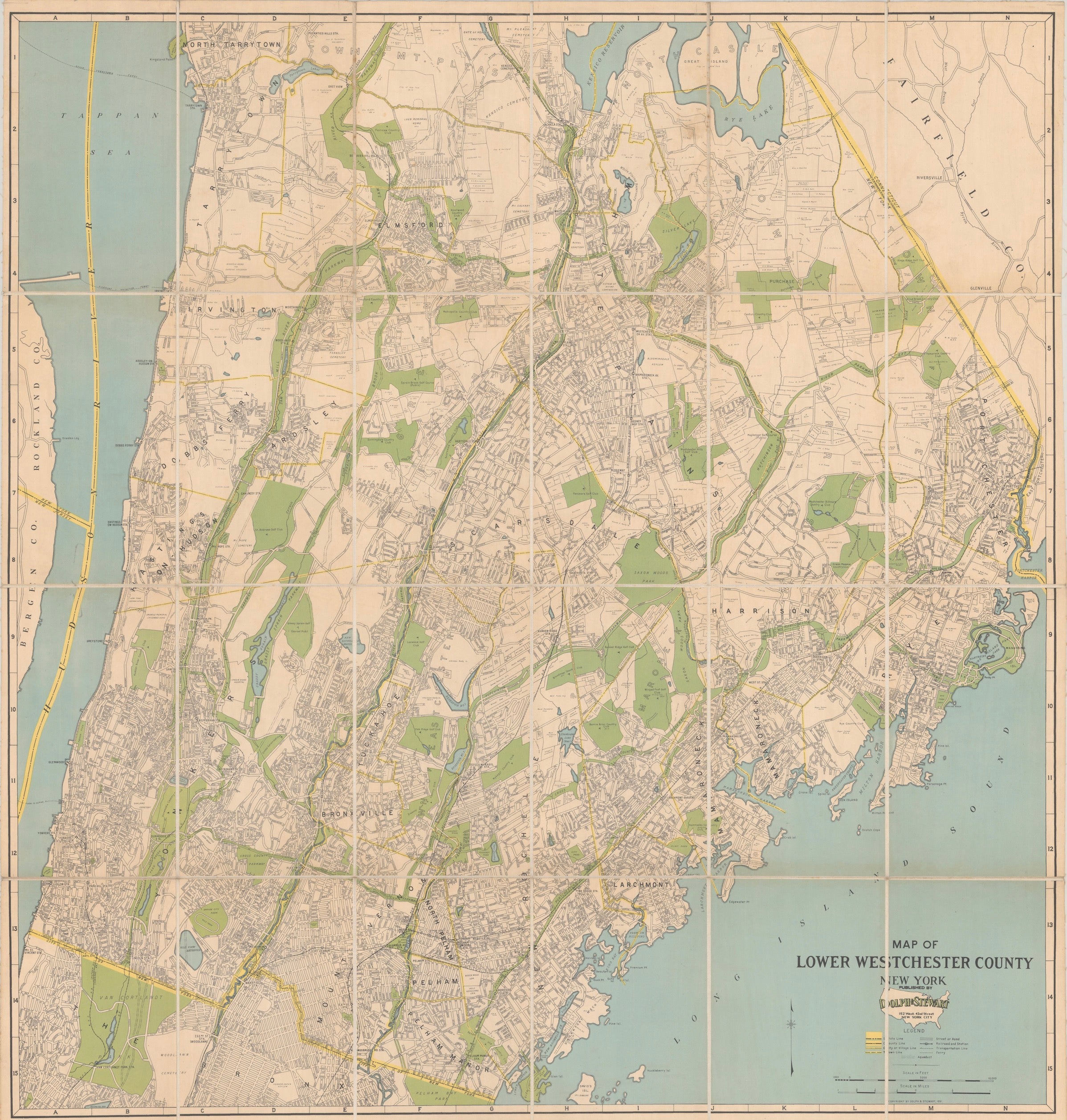Grande carte décorative du comté de Westchester New York 1931 - Carte murale doublée de lin en vente