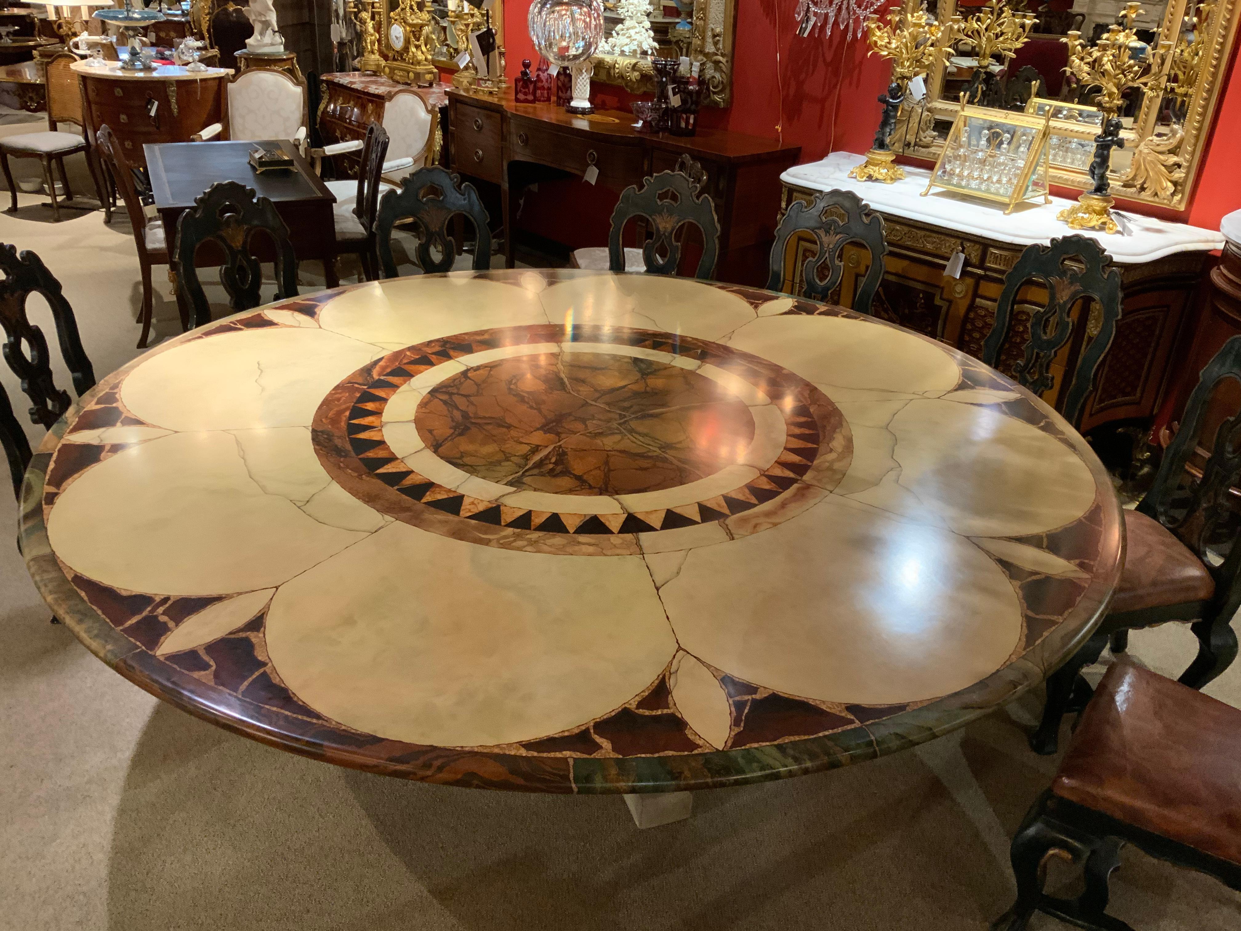 Large custom Mid Century Round Dining Table with 12 carved Polychromed Chairs 1