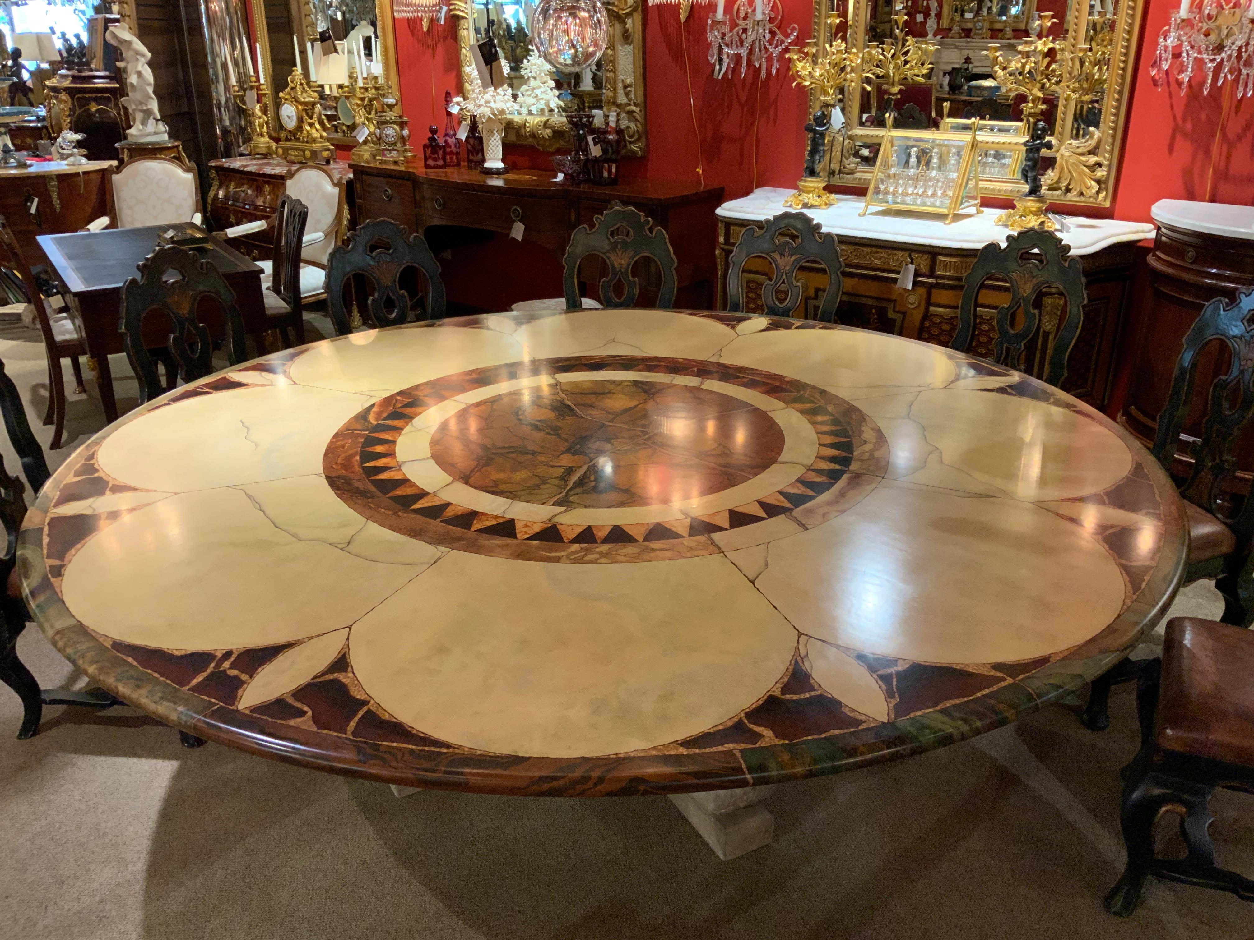 Large custom Mid Century Round Dining Table with 12 carved Polychromed Chairs 2