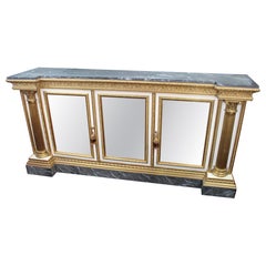 Large Decorative Neoclassical Style Gilt and Painted Marble Mirrored Credenza