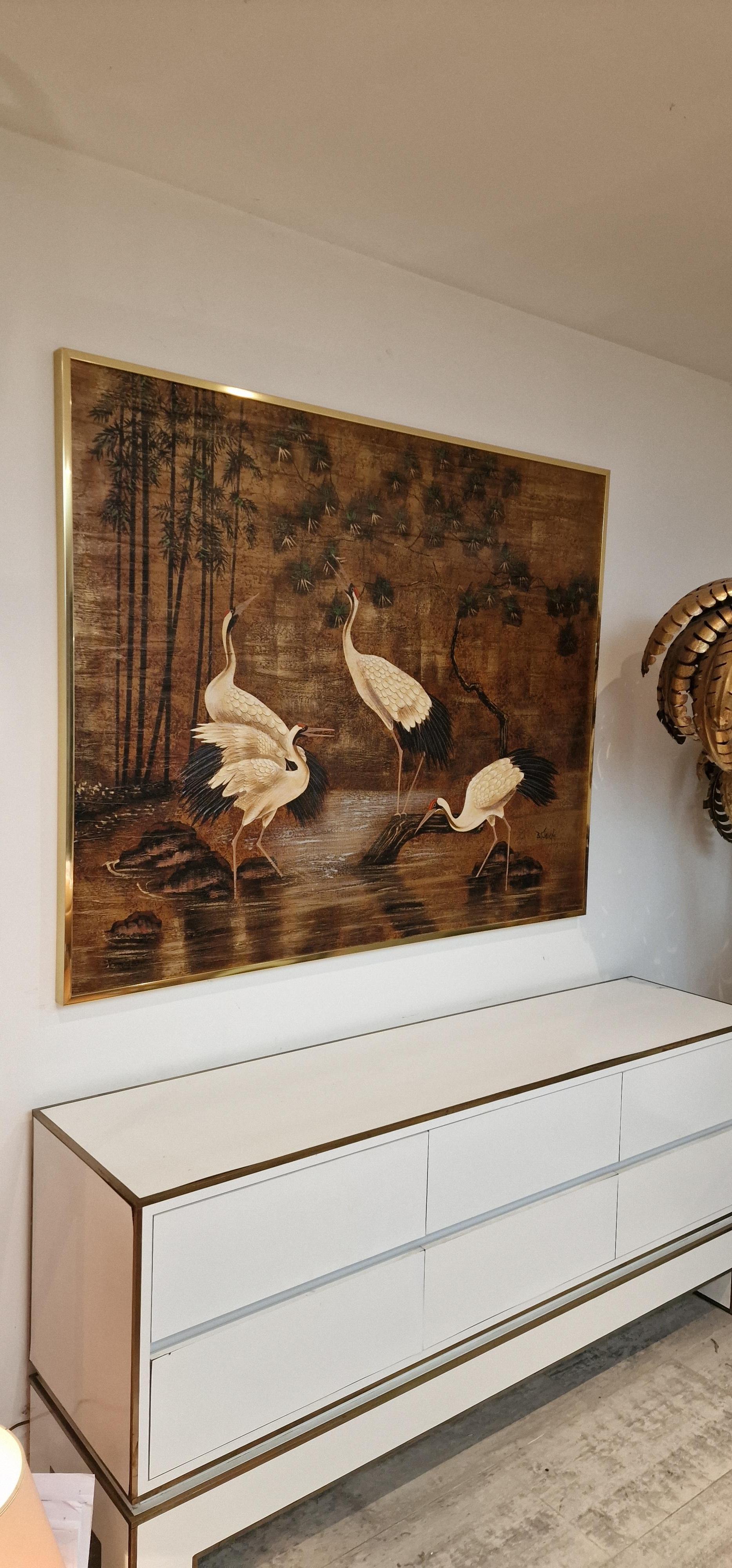 Large Decorative Oil on Canvas Painting with Crane Birds 2