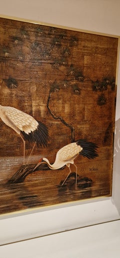 Large Decorative Oil on Canvas Painting with Crane Birds