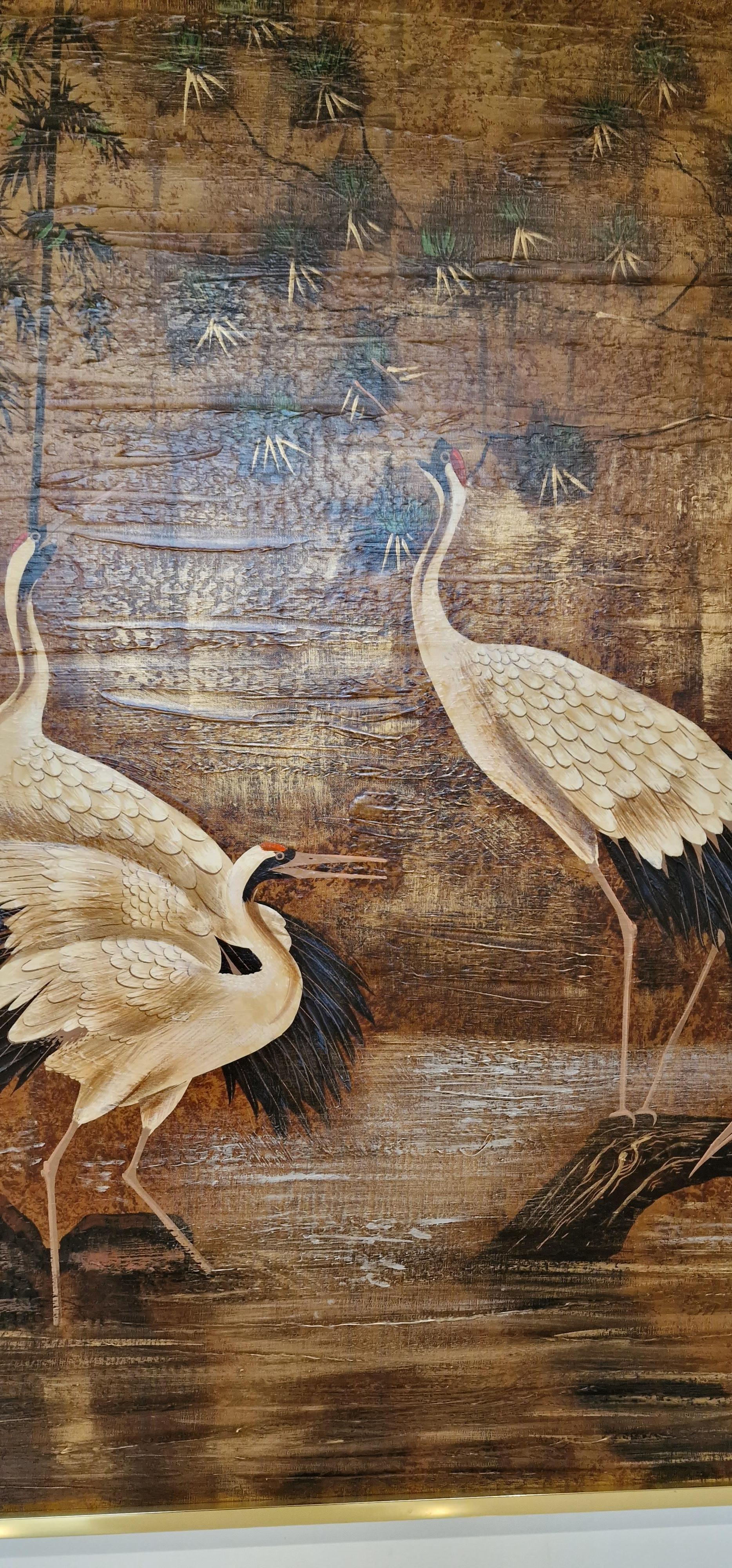 Late 20th Century Large Decorative Oil on Canvas Painting with Crane Birds
