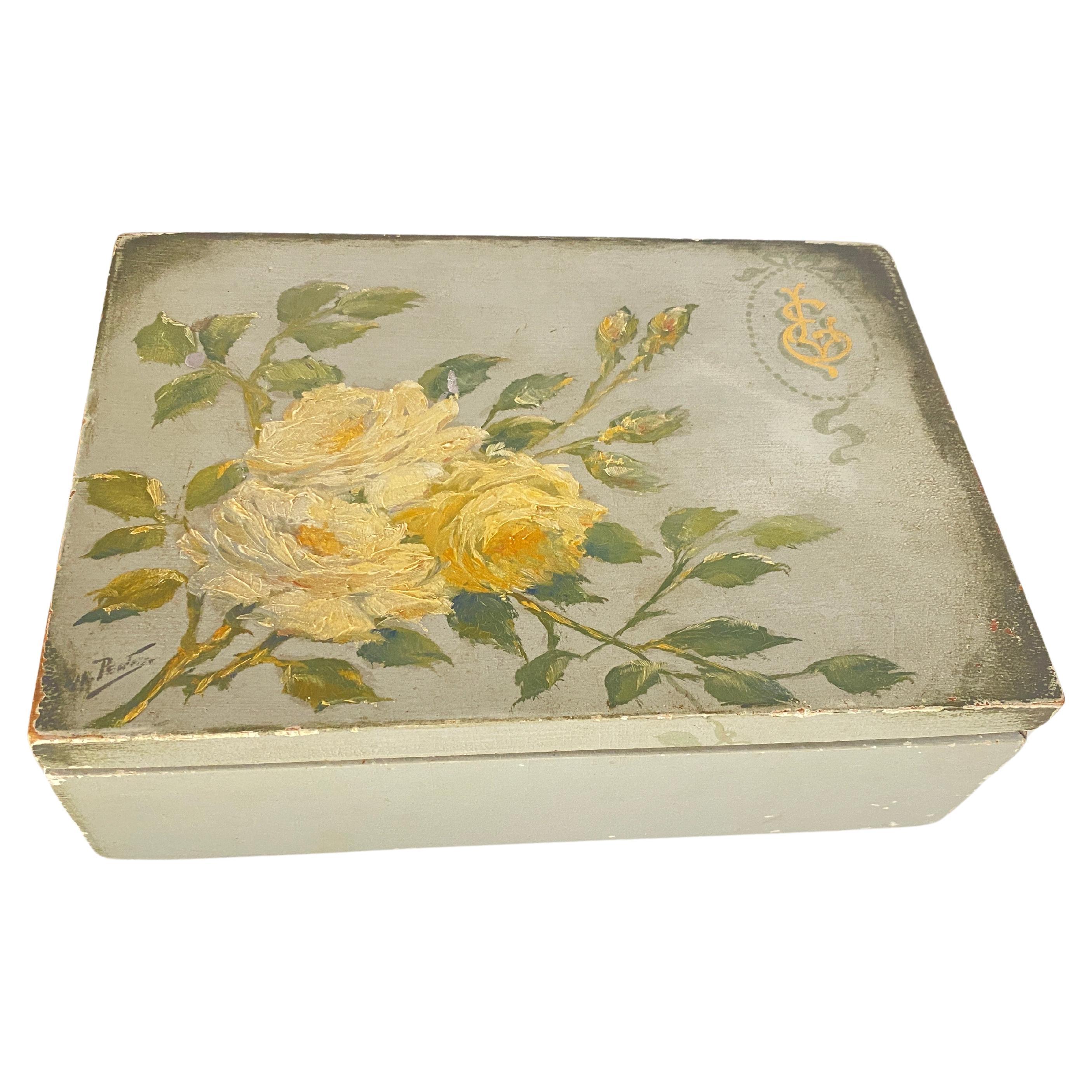 Grande boîte décorative ou à bijoux, en Wood, Angleterre, XIXe siècle Fleurs