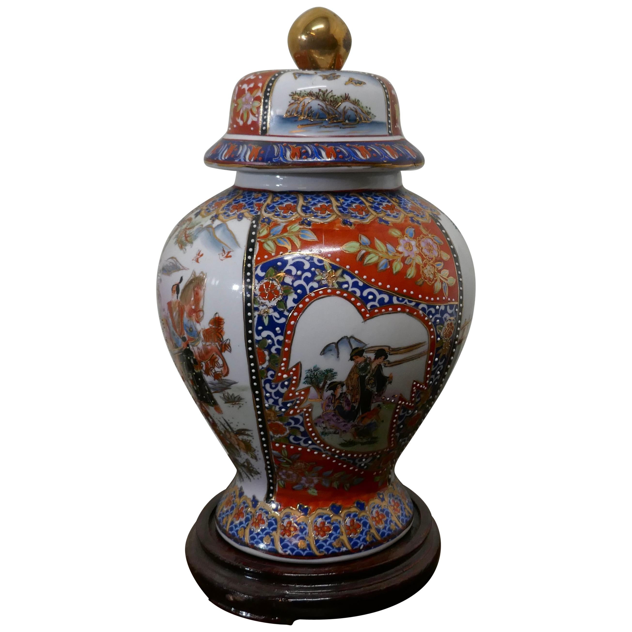 Large Decorative Oriental Ginger or Spice Jar on Stand For Sale