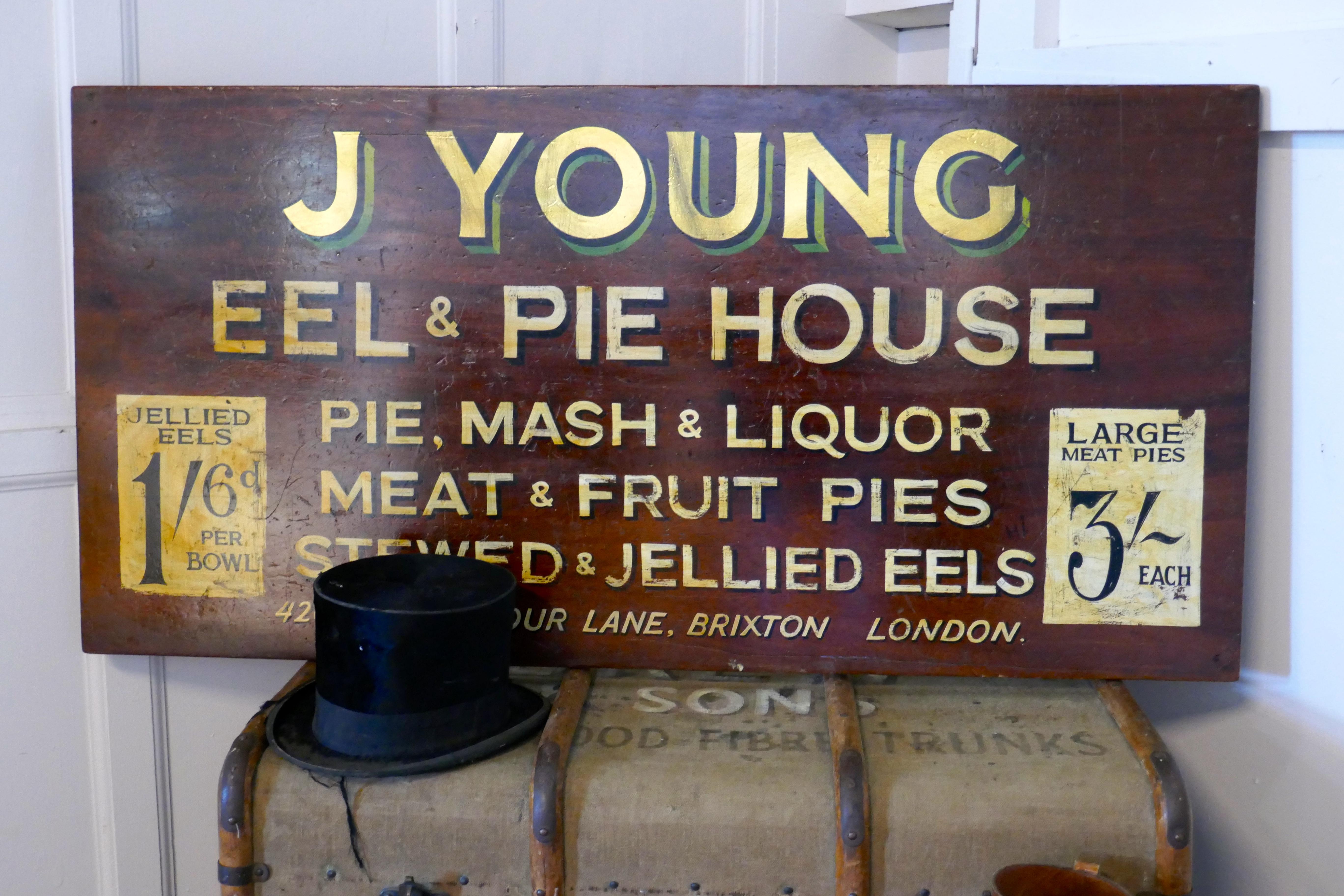 Large decorative painted advertising Sign, Eel and Pie shop

A great decorative piece, the paint has a good crackly but still sound finish, the sign is painted on a heavy piece of solid mahogany, if the prices quoted are anything to go by the sign