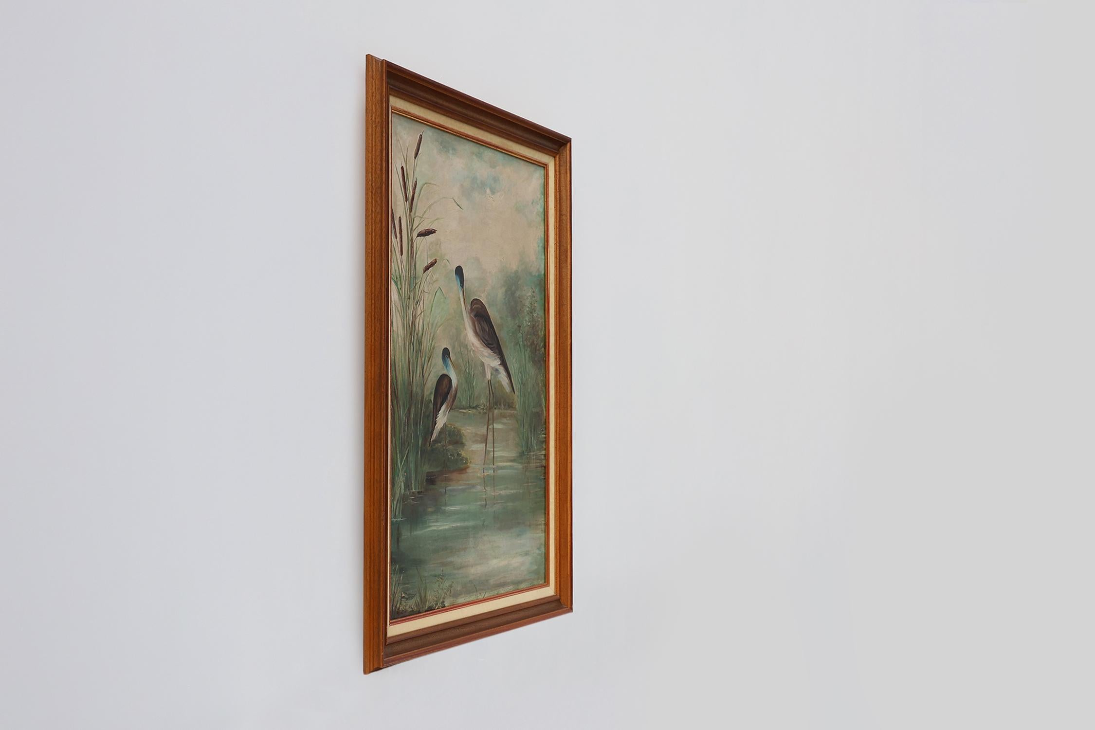 Peint à la main Grand tableau décoratif d'oiseaux dans l'eau, France années 1960 en vente