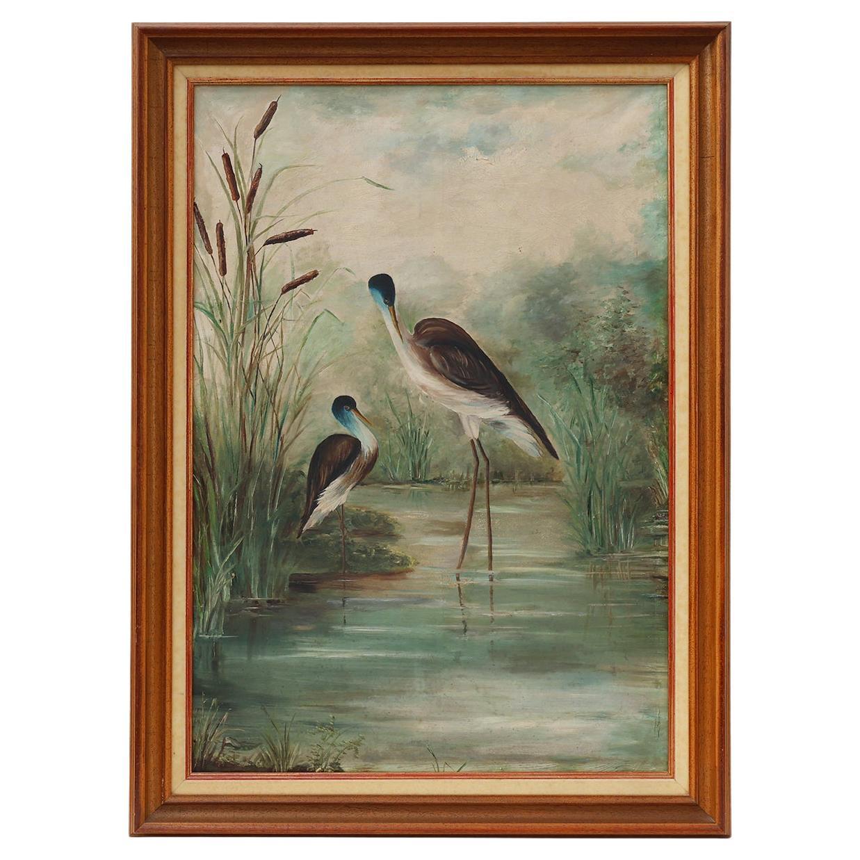 Grand tableau décoratif d'oiseaux dans l'eau, France années 1960 en vente