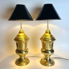Large Decorative Pair of Early 20th Century Brass Table Lamps with Black Shades