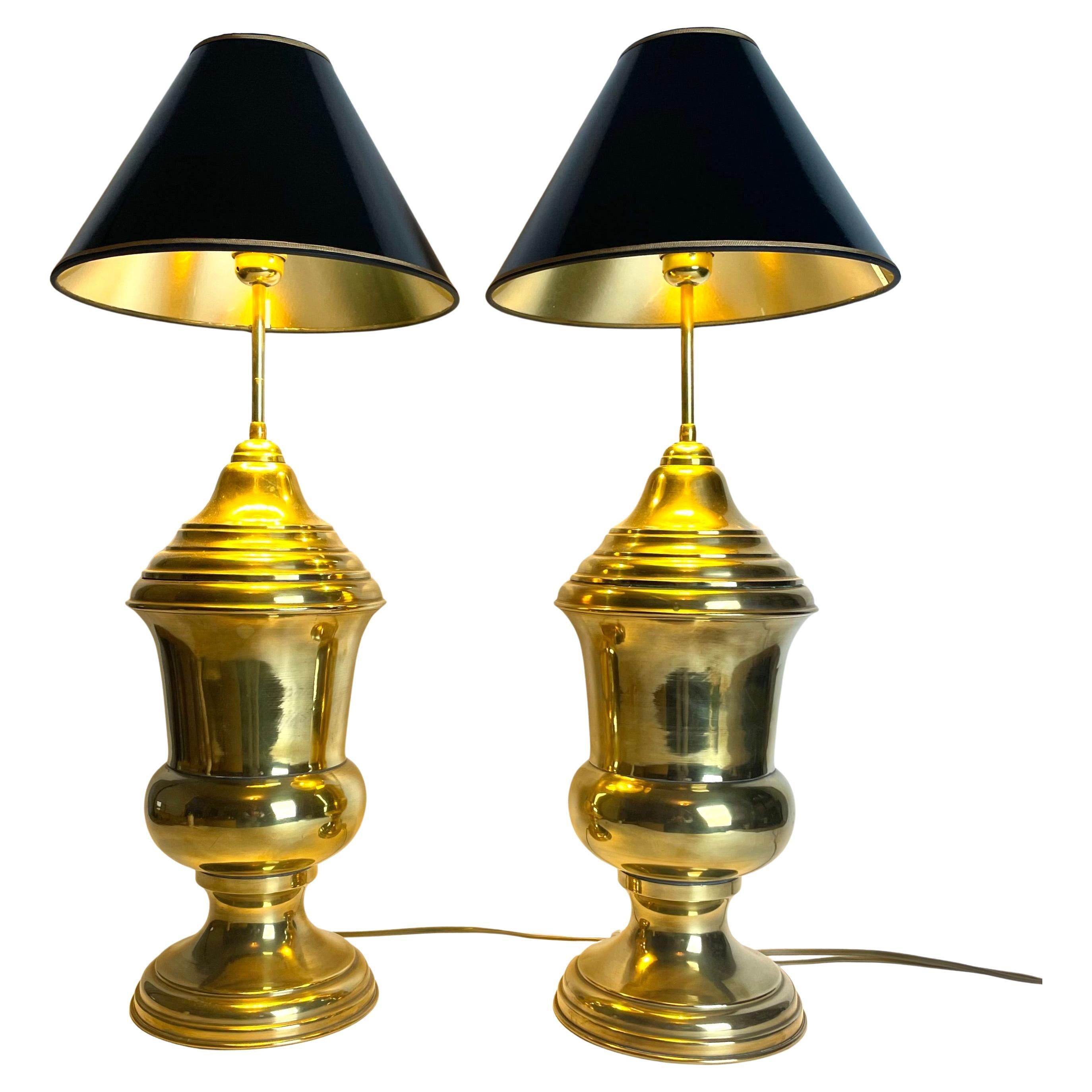 Large Decorative Pair of Early 20th Century Brass Table Lamps with Black Shades For Sale