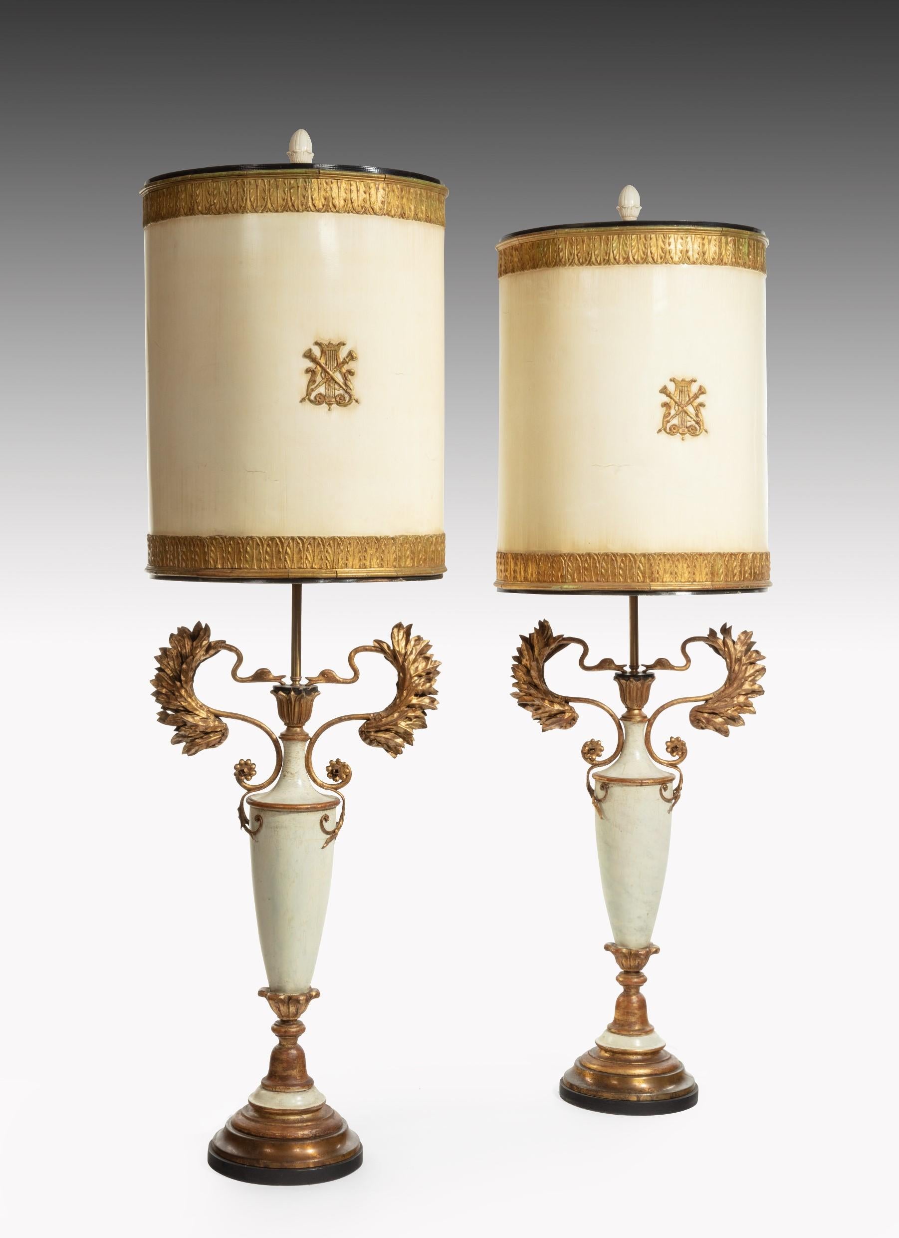 Large Decorative Pair of French Painted and Gilt Floor Lamps In Excellent Condition In Benington, Herts