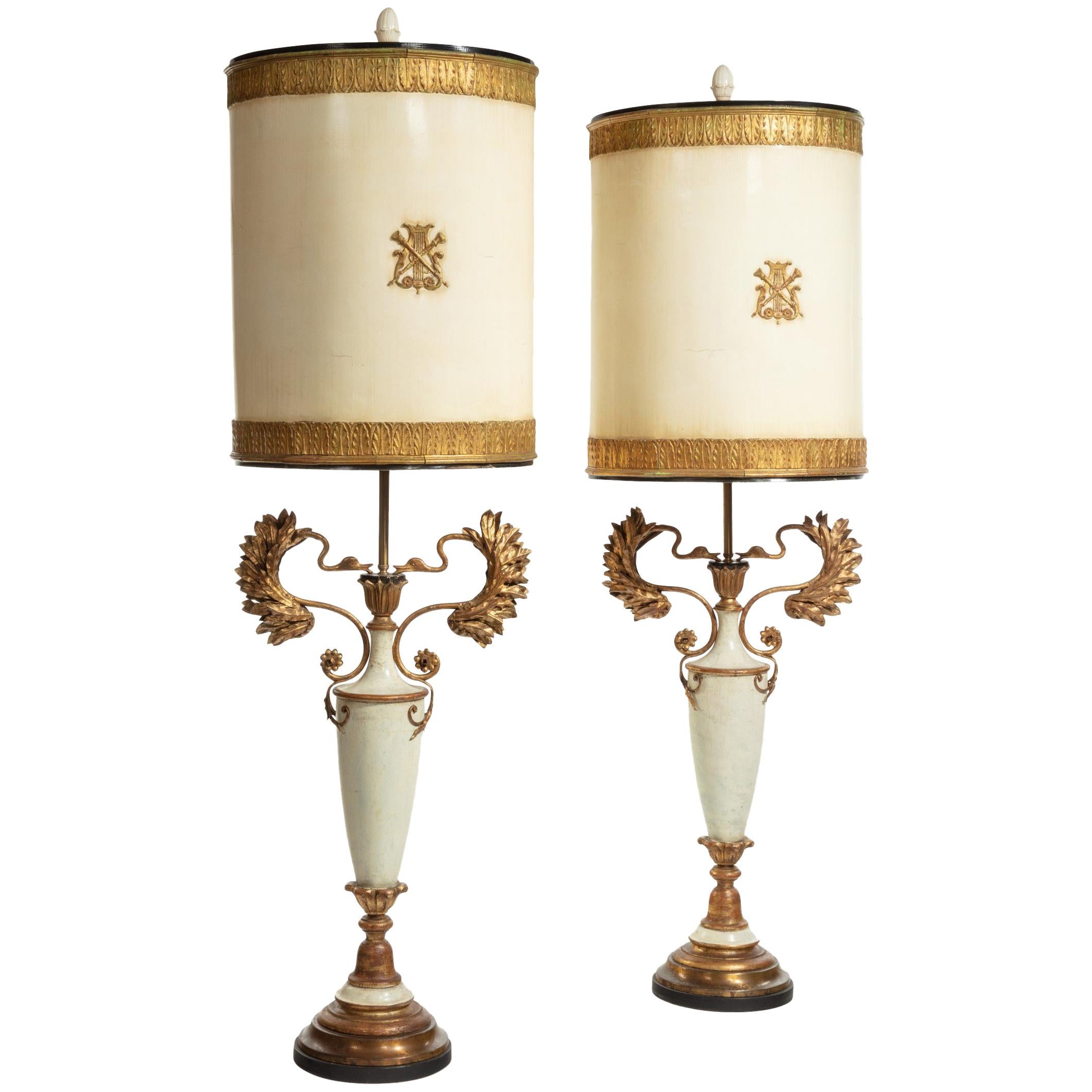 Large Decorative Pair of French Painted and Gilt Floor Lamps