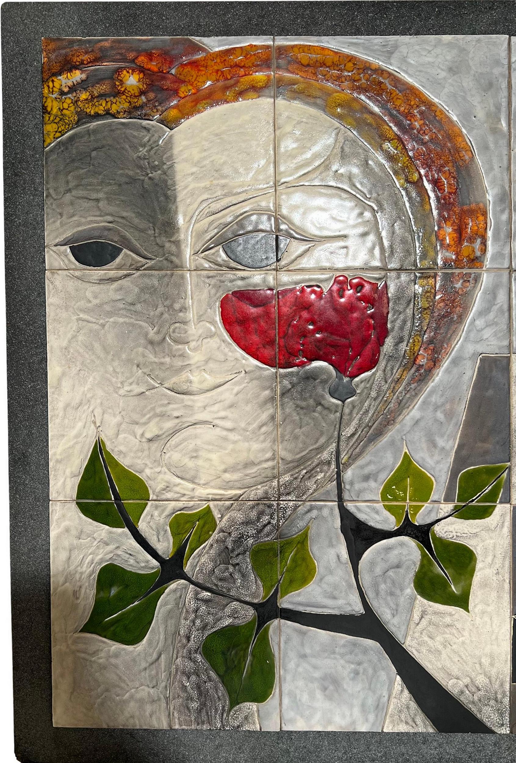 Large decorative panel made of glazed ceramic tiles: a dreamlike design in muted gray tones illuminated by red, yellow, and orange, combining chess pieces, delicate heart-shaped faces, and a long scarlet rose.

The tiles are glued to a wooden