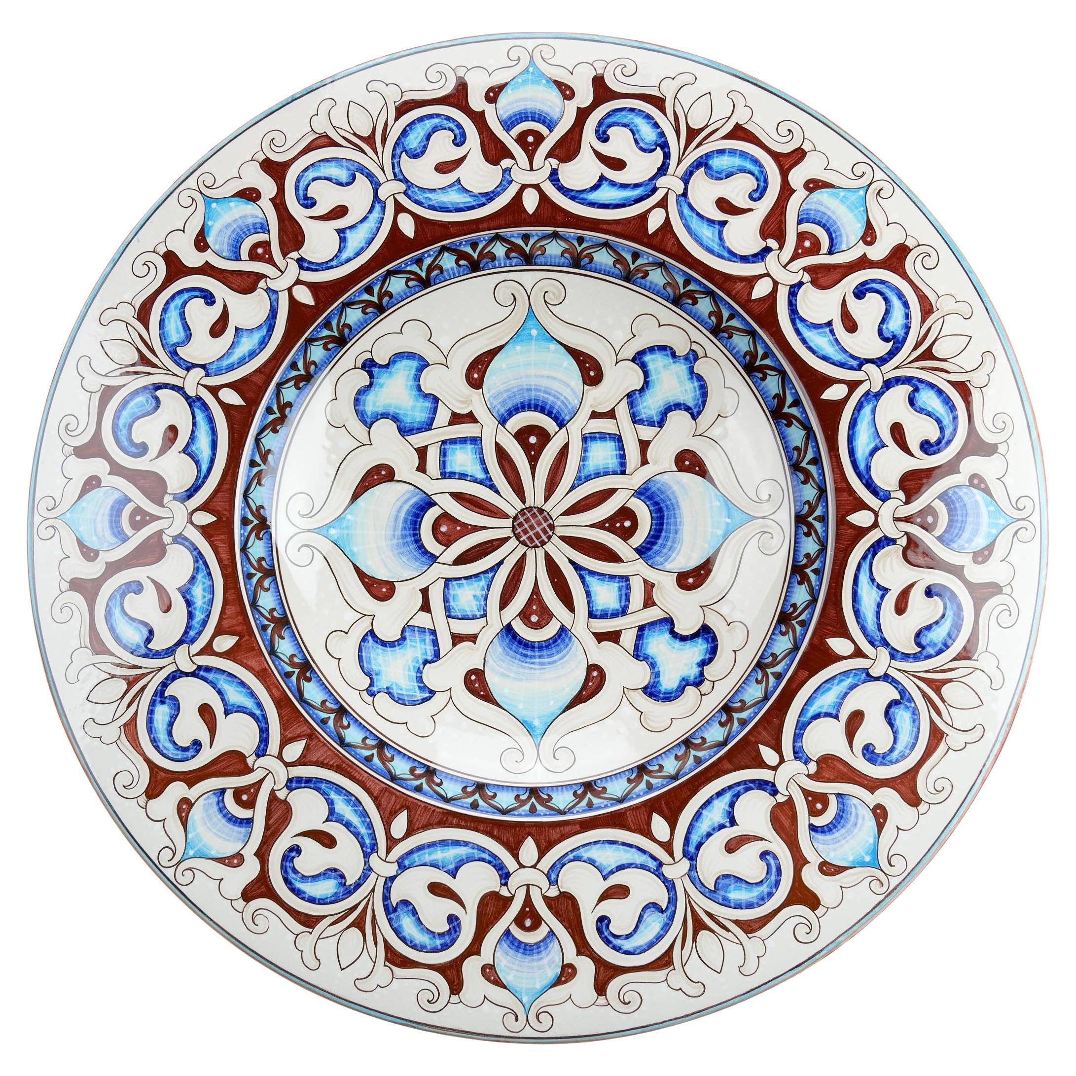 Large Decorative Plate Majolica Wall Dish, Centerpiece Hand Painted Italy Deruta For Sale