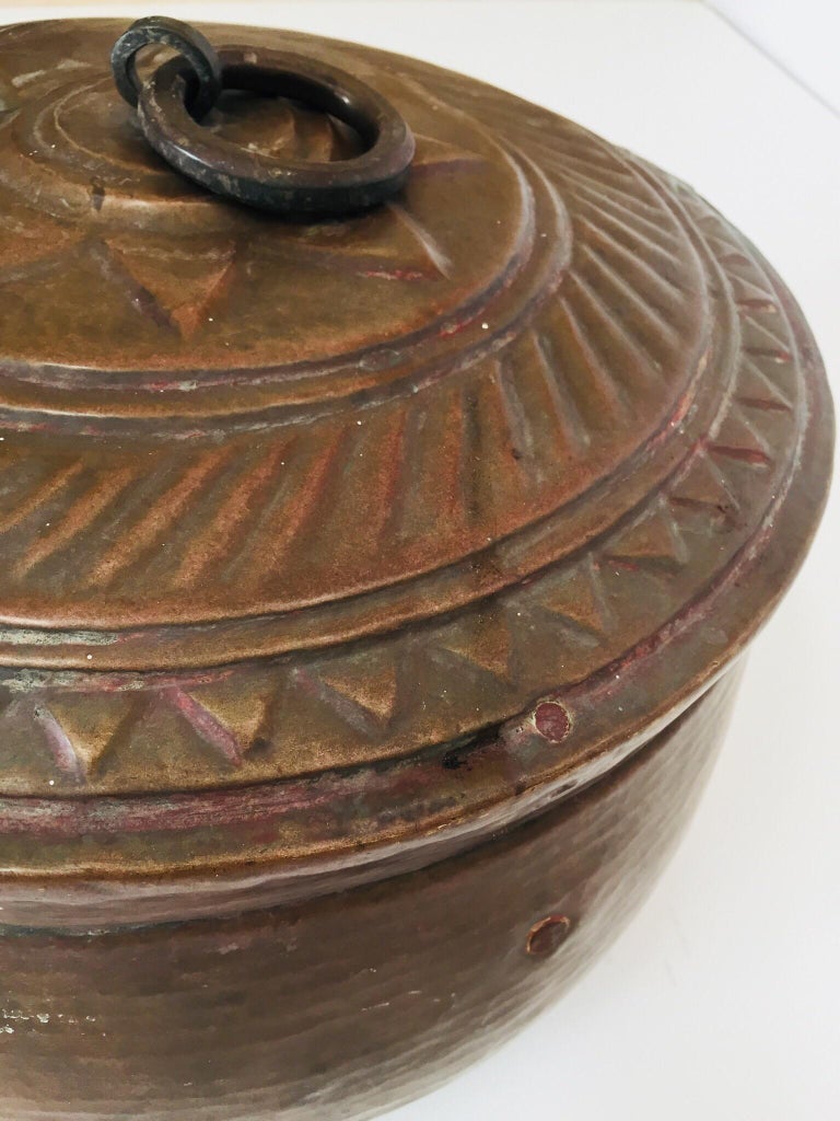 Large Decorative Round Copper Box with Lid Northern India For Sale at